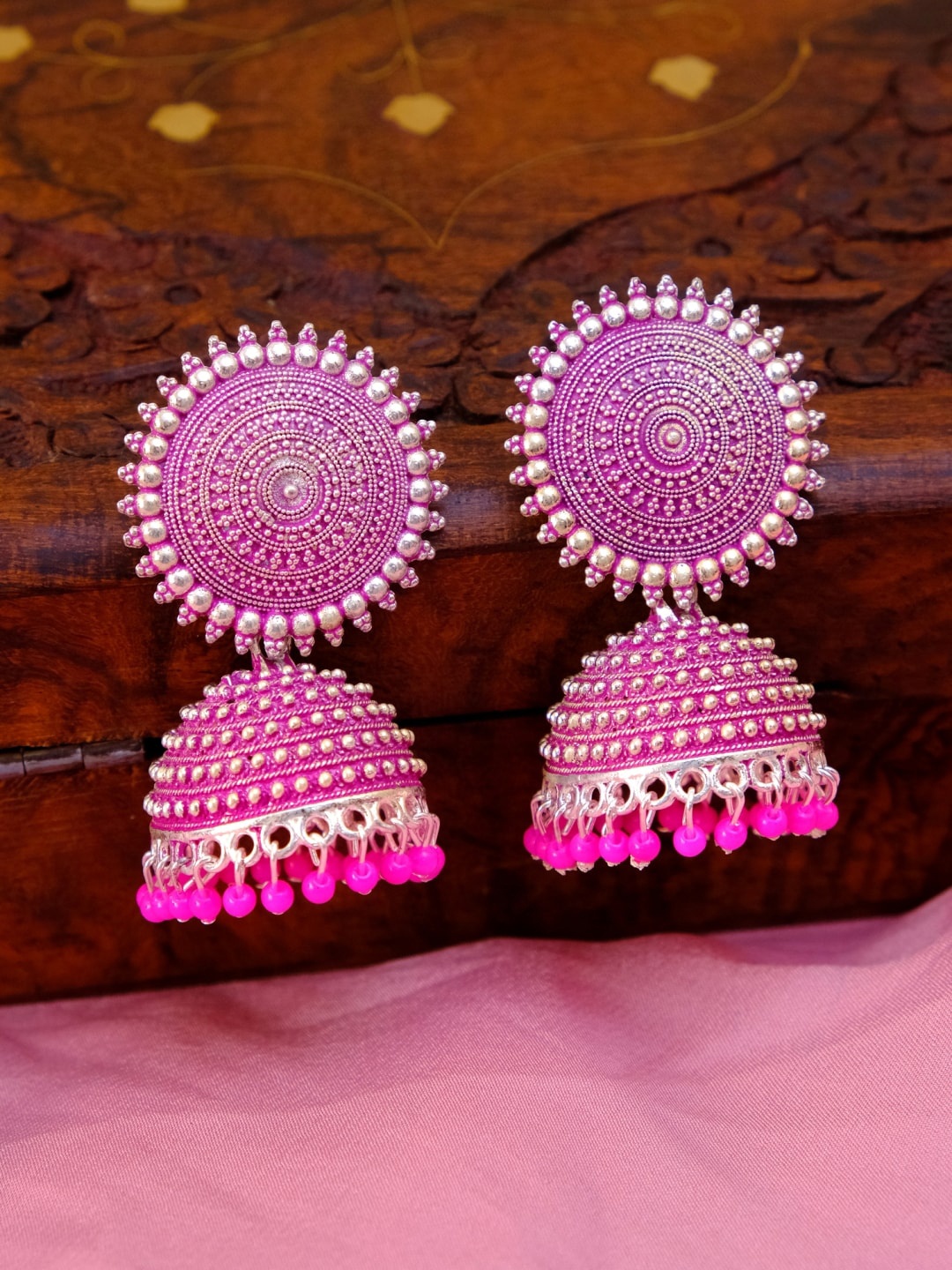 

Crunchy Fashion Pink Oxidized German Silver Contemporary Jhumka Earrings