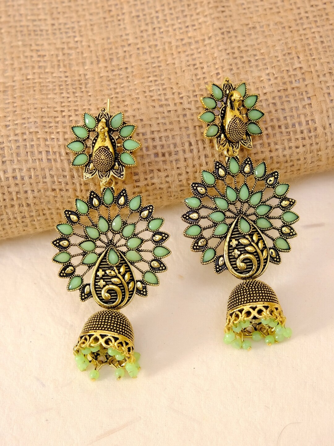 

Crunchy Fashion Green & Gold-Toned Peacock Shaped Jhumkas Earrings