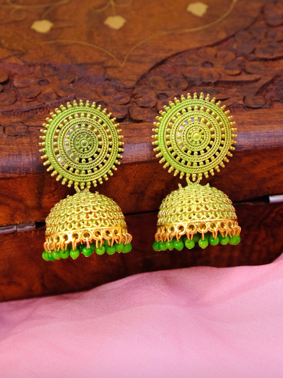 

Crunchy Fashion Green & Gold-Plated Pearls Studded Contemporary Jhumkas Earrings