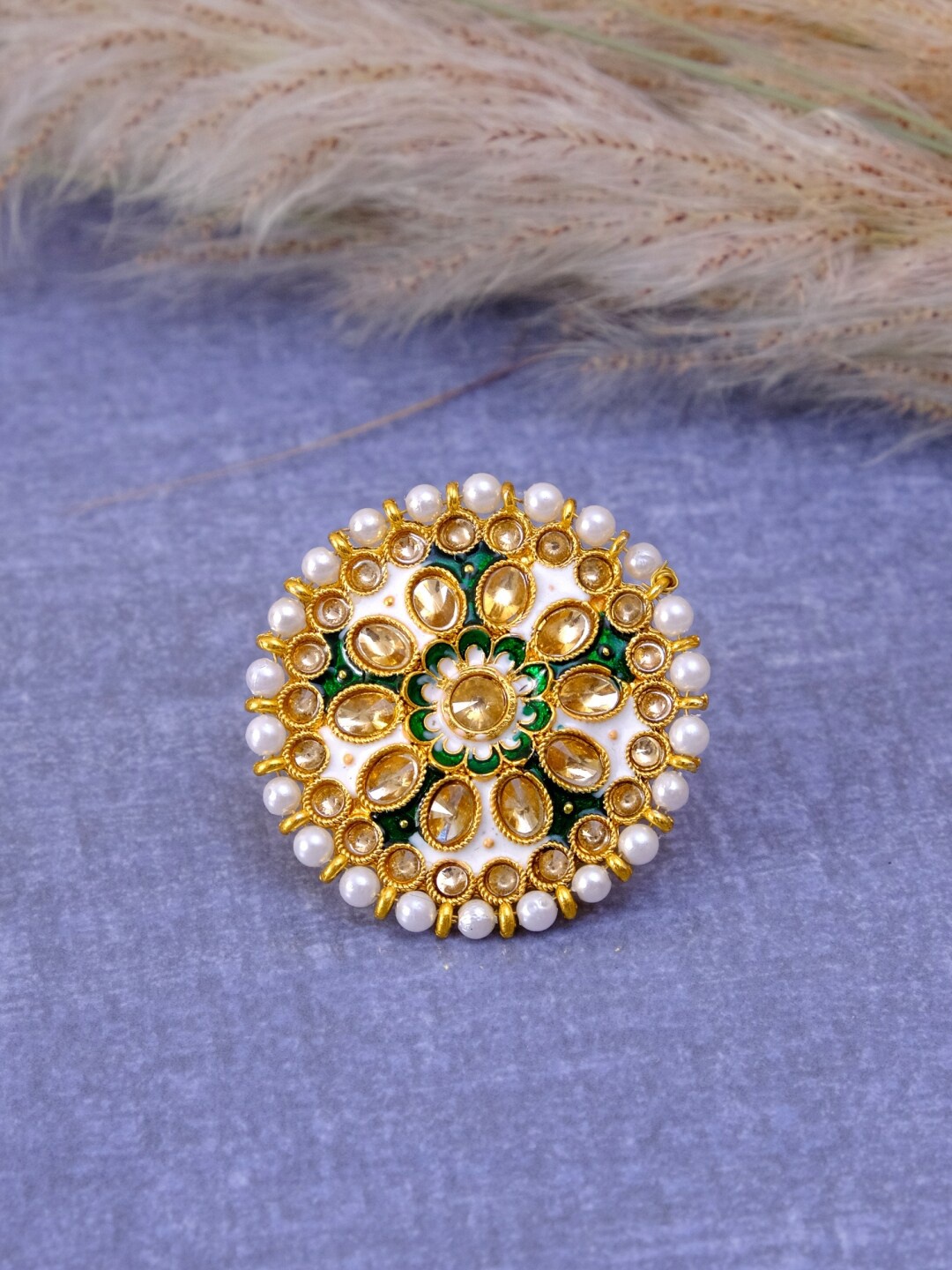 

Crunchy Fashion Gold-Plated White & Beige Kundan-Studded & Beaded Meenakari Adjustable Finger Ring