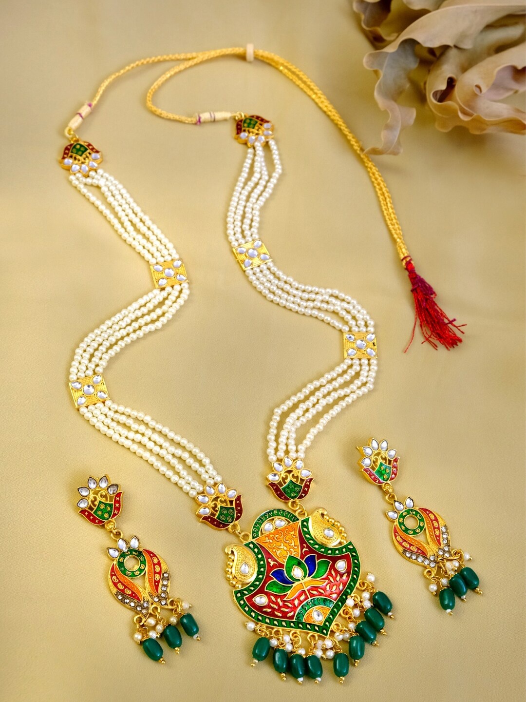 

Crunchy Fashion Gold-Plated White Kundan Stone-Studded Meenakari Jewellery Set