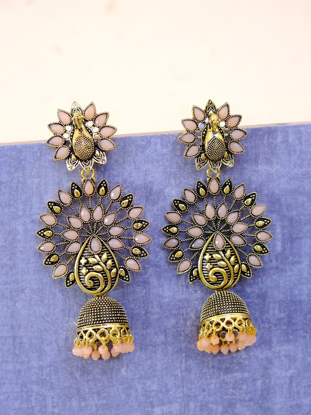 

Crunchy Fashion Pink & Gold-Toned Peacock Shaped Jhumkas Earrings