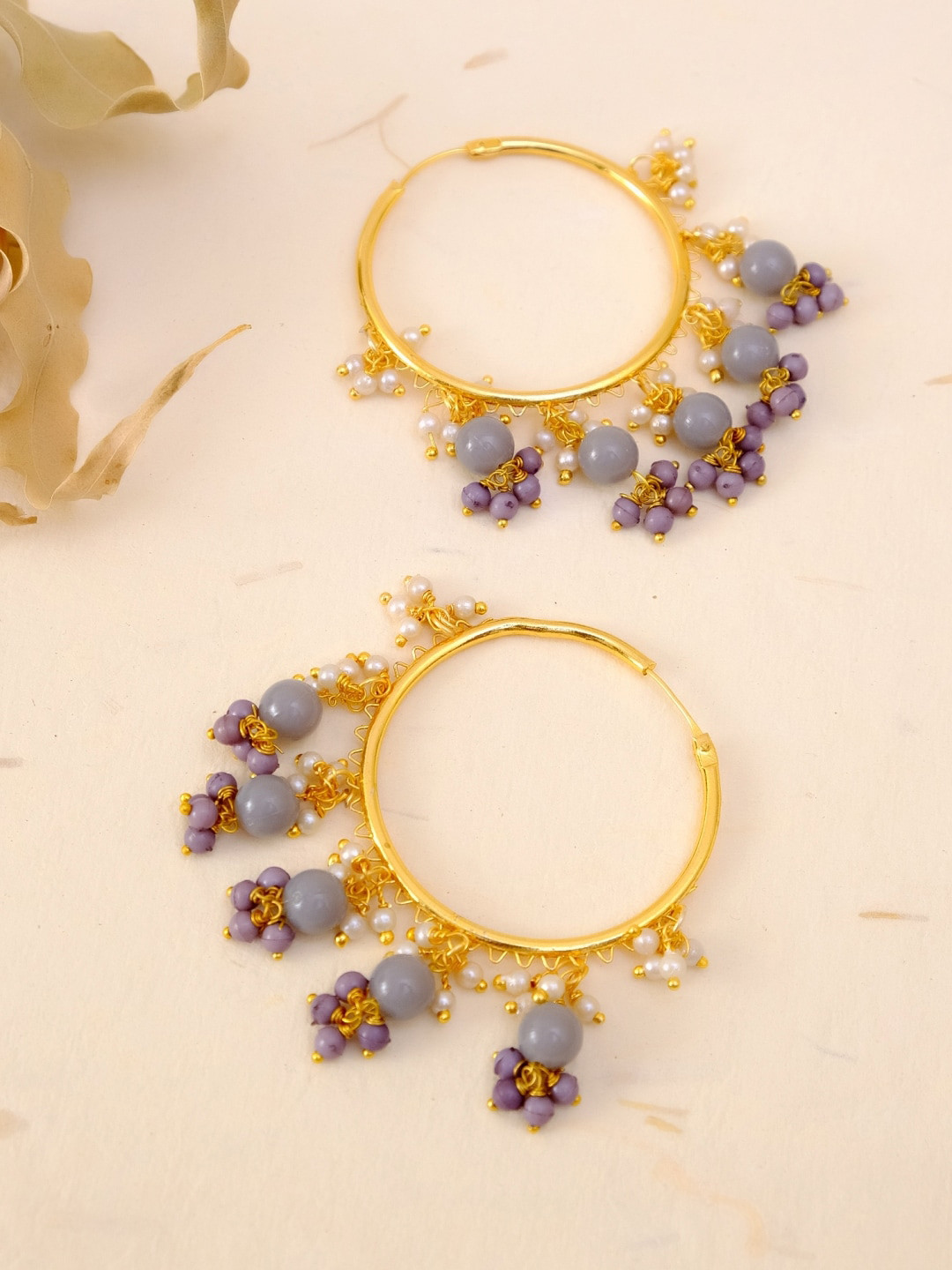 

Crunchy Fashion Grey & Gold-Plated Antique Contemporary Pearl Hoop Earrings