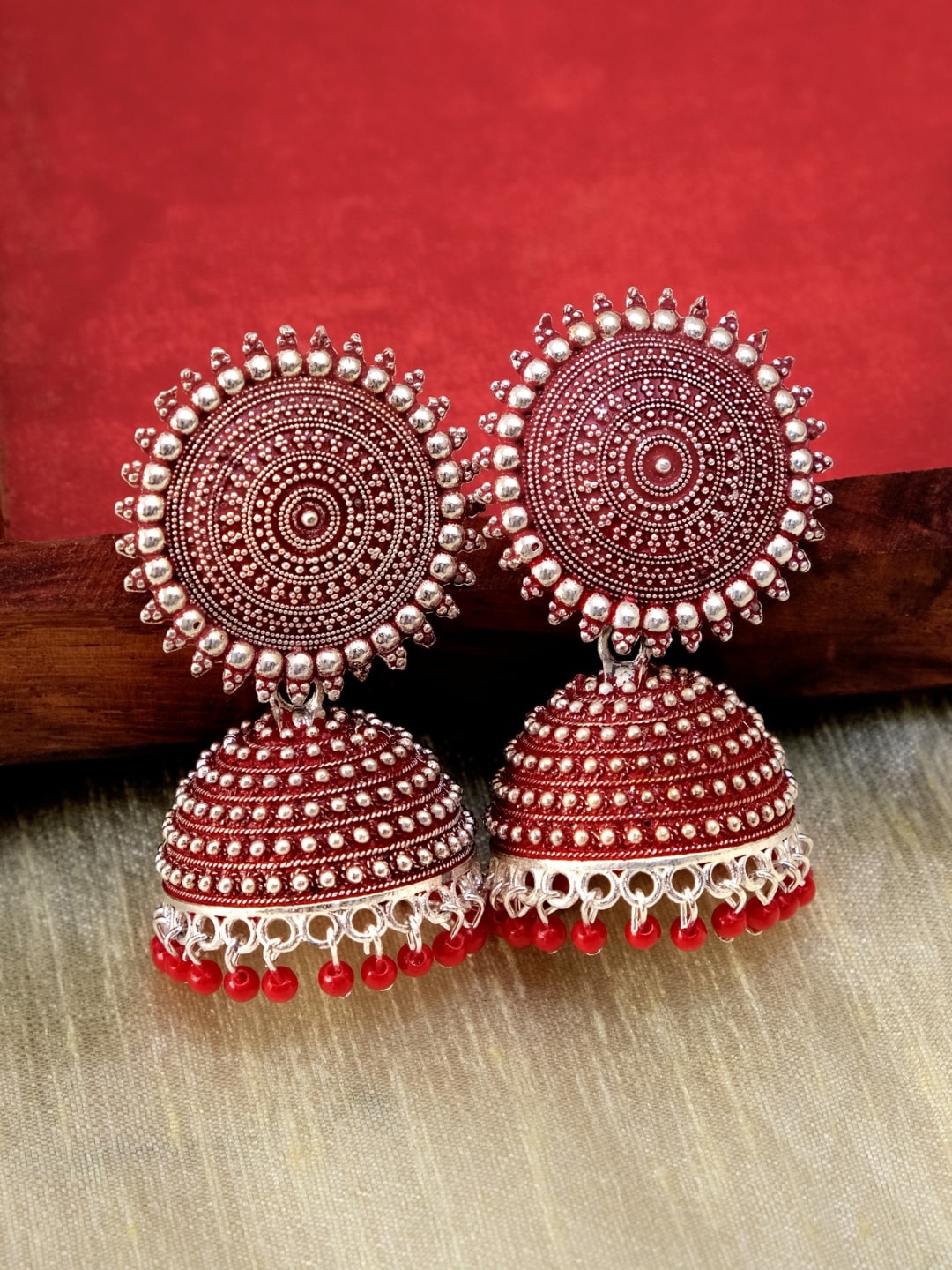 

Crunchy Fashion Silver Plated Red Contemporary Jhumkas Earrings