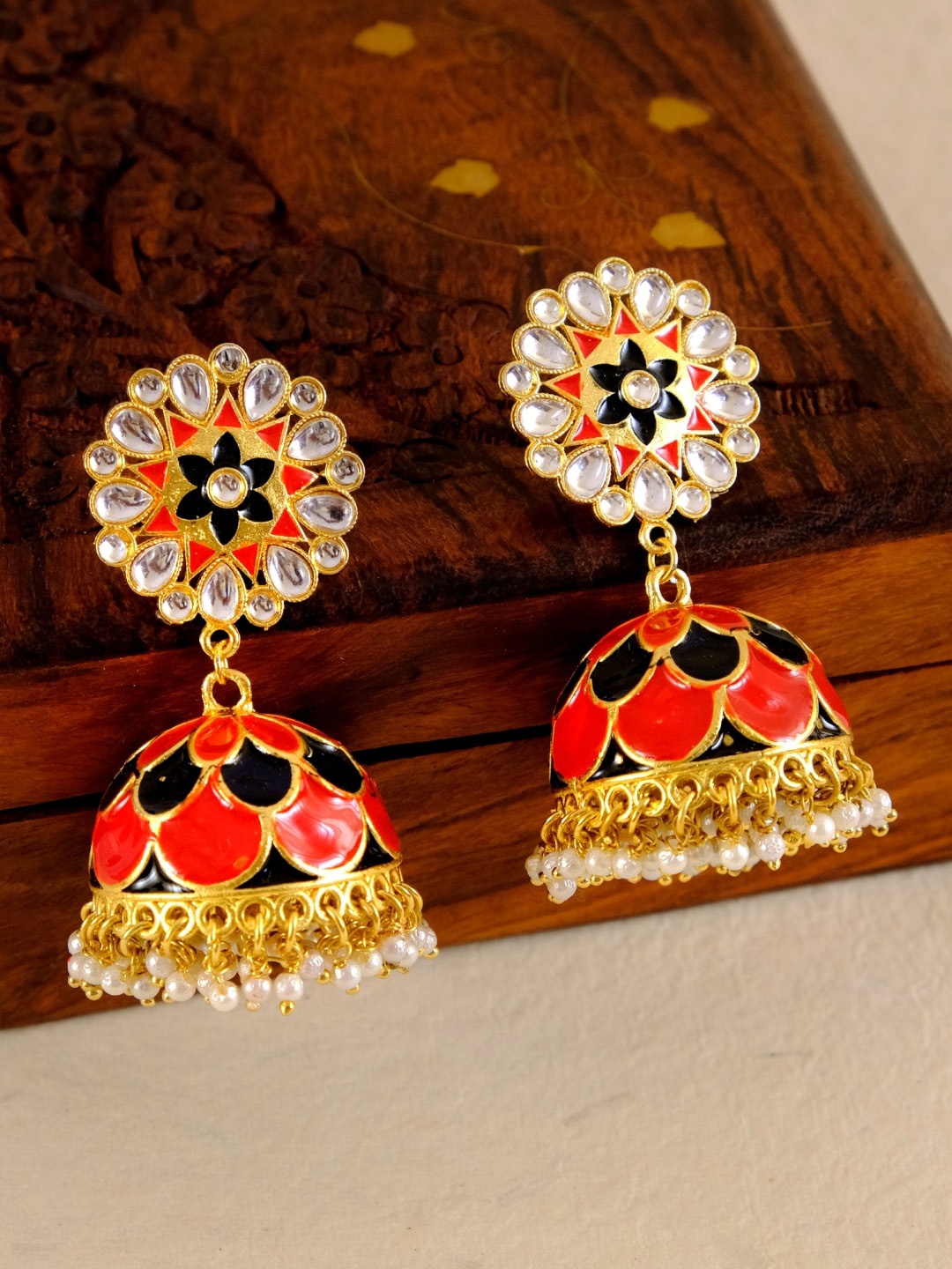 

Crunchy Fashion Red & Gold-Toned Dome Shaped Jhumkas Earrings