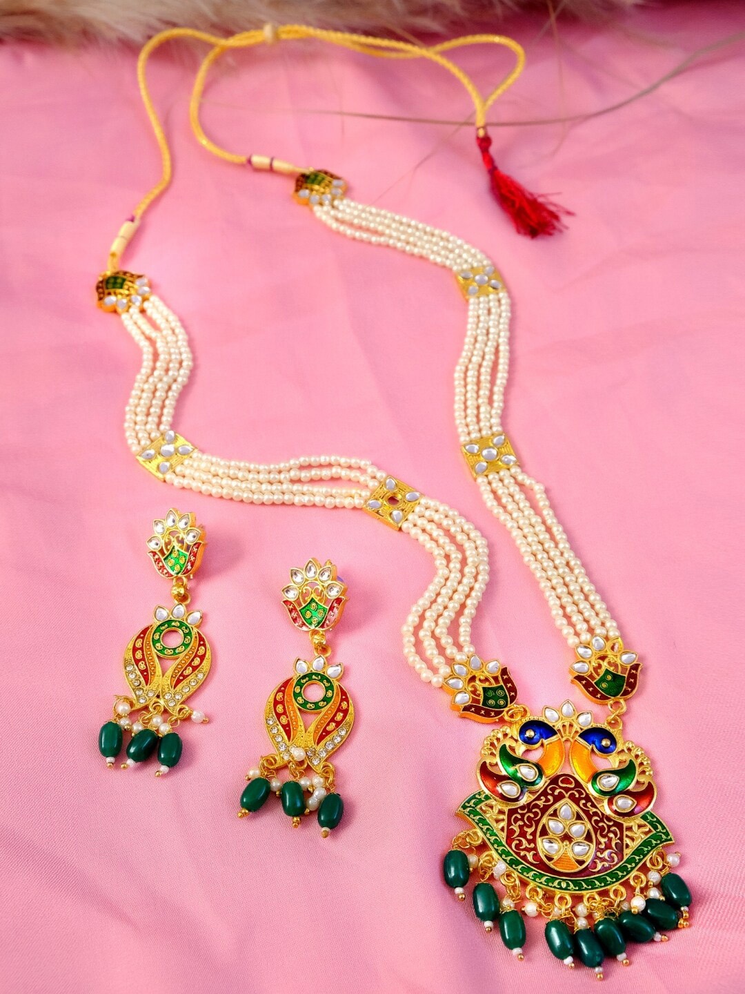 

Crunchy Fashion Gold-Plated White & Green Stone-Studded & Beaded Meenakari Jewellery Set