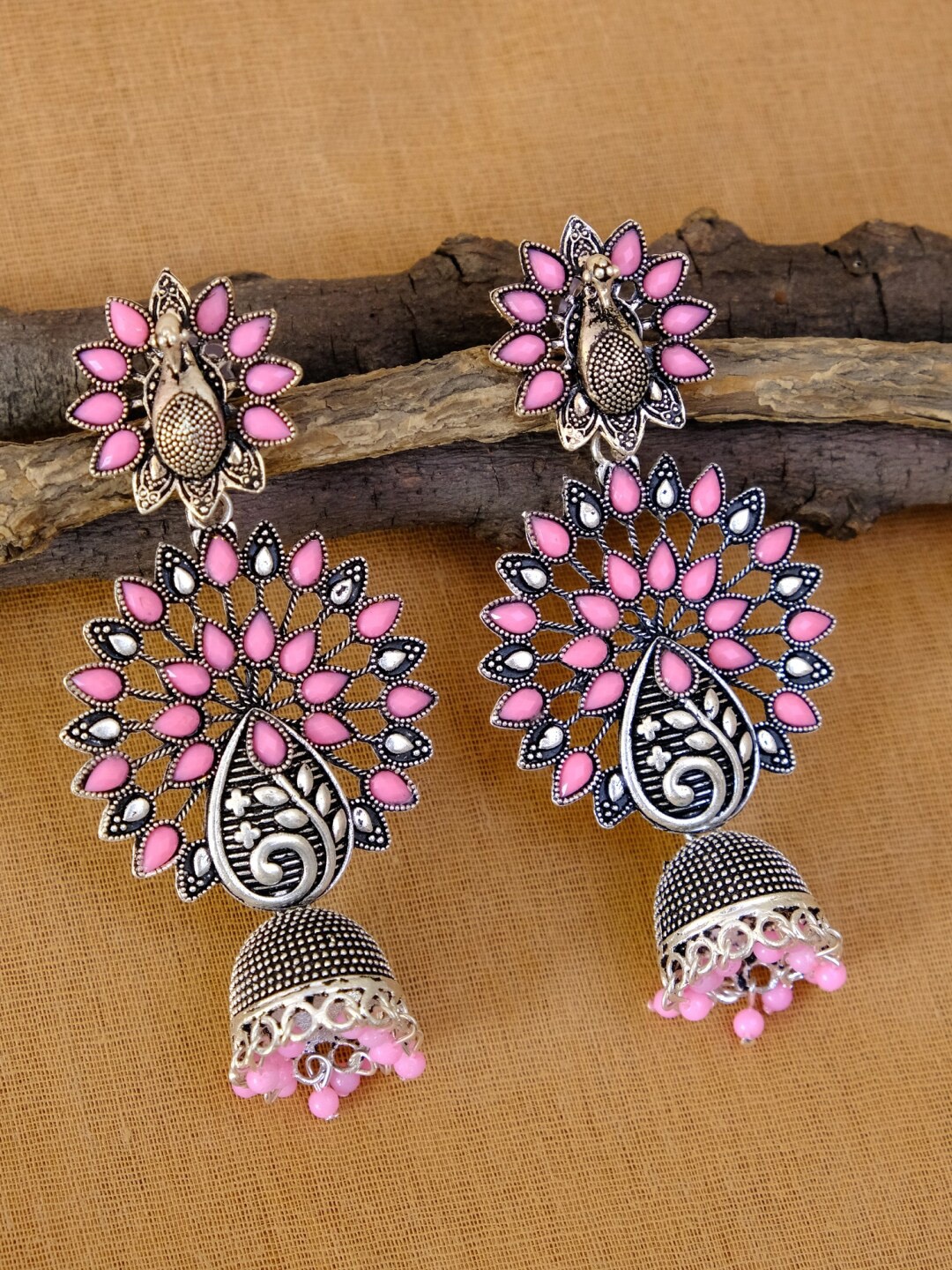 

Crunchy Fashion Silver-Toned & Pink Contemporary Jhumkas Earrings