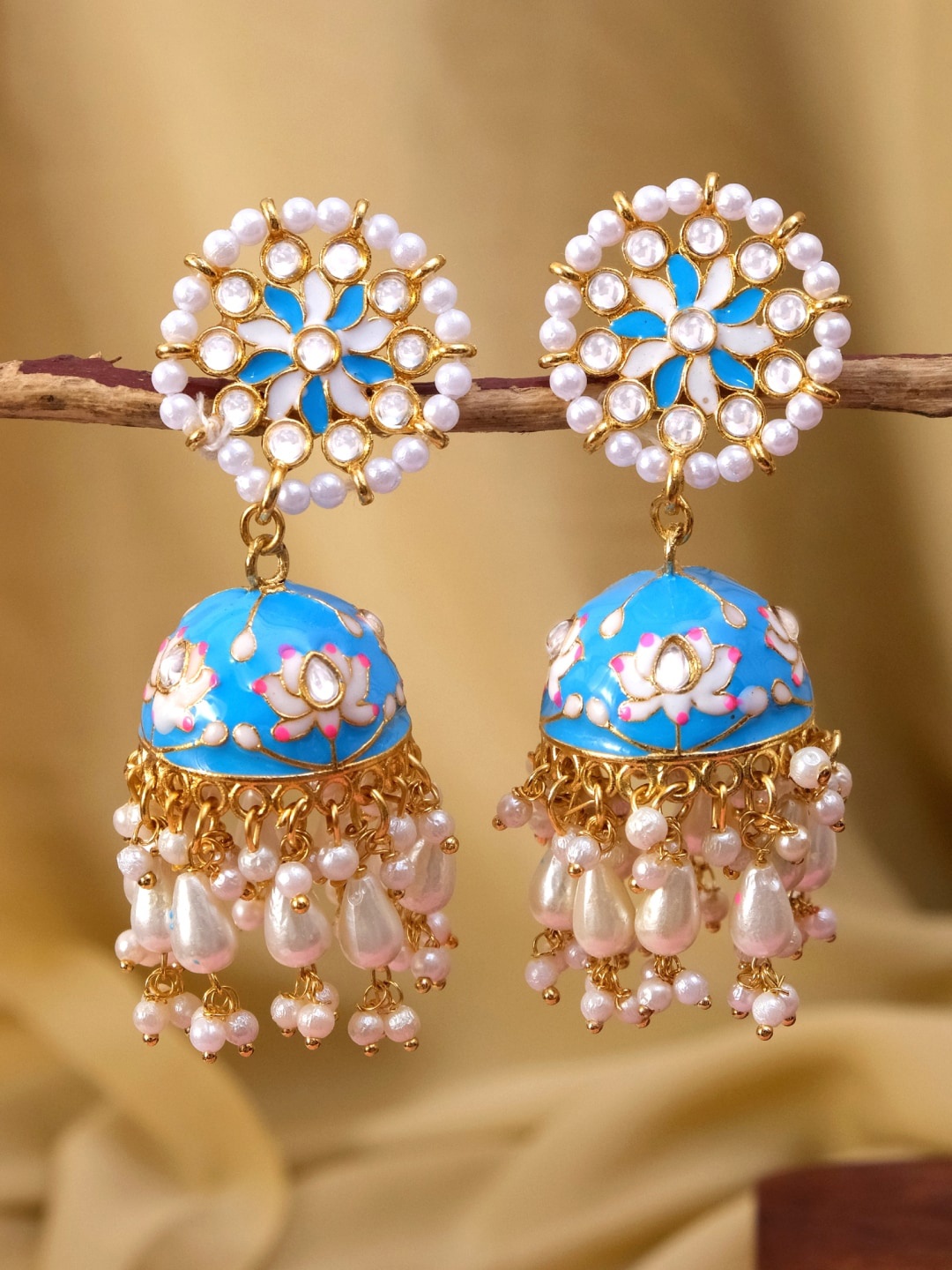 

Crunchy Fashion Gold-Plated Blue & White Contemporary Jhumkas