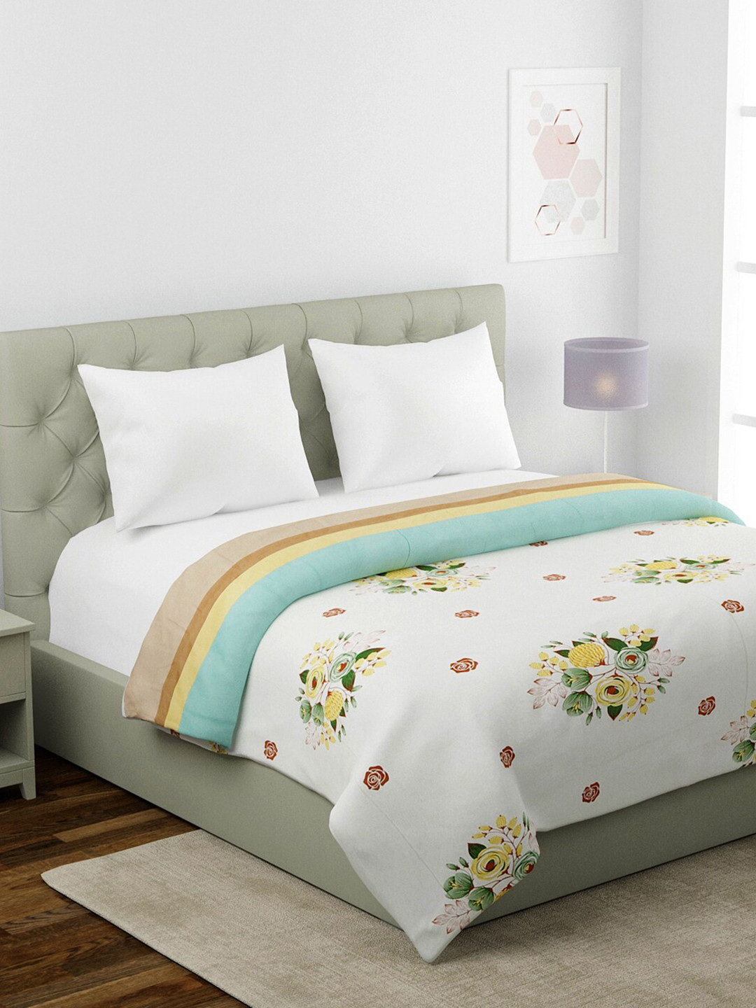 

KLOTTHE White & Yellow Floral AC Room 354 GSM Double Bed Comforter
