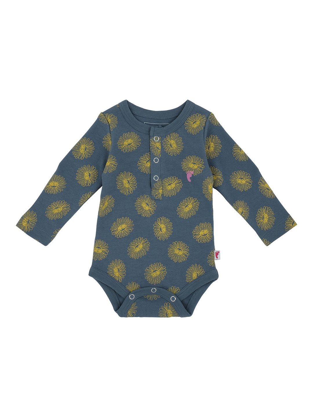 

First Kick Infant Kids Charcoal Grey & Yellow Printed Pure Cotton Bodysuit