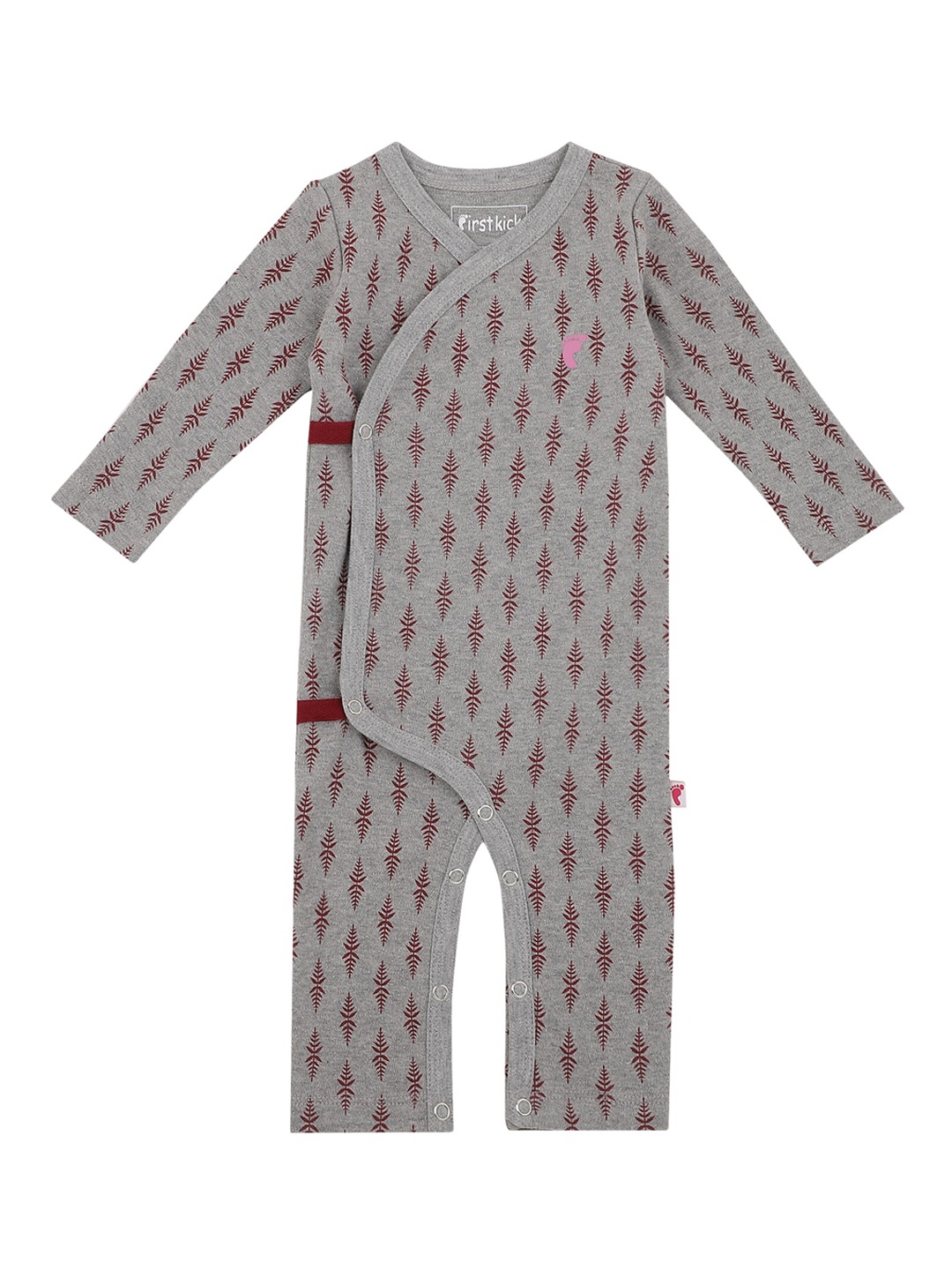 

First Kick Kids Grey Melange & Maroon Printed Cotton Rompers