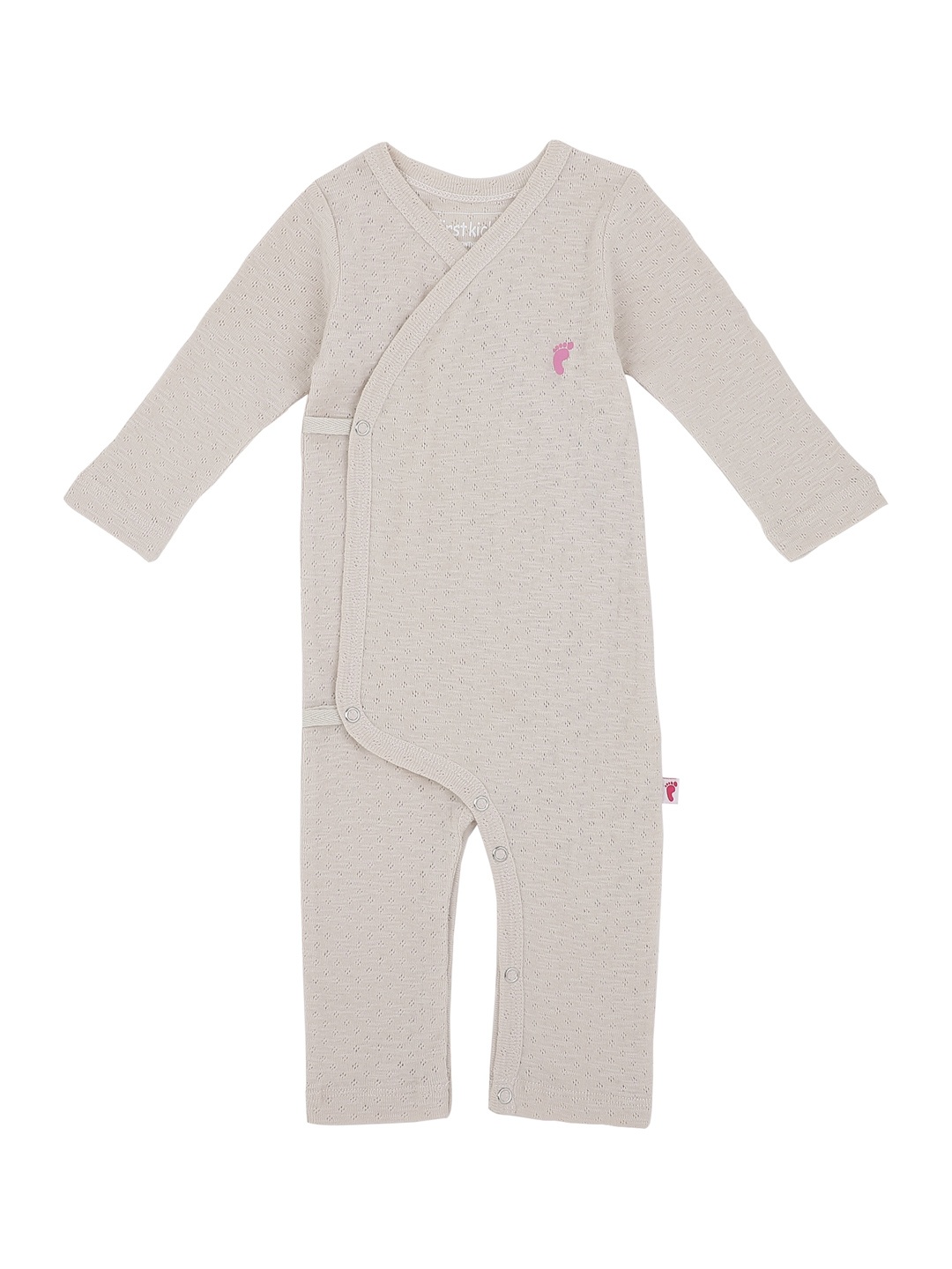 

First Kick Kids Beige Self Design Cotton Rompers