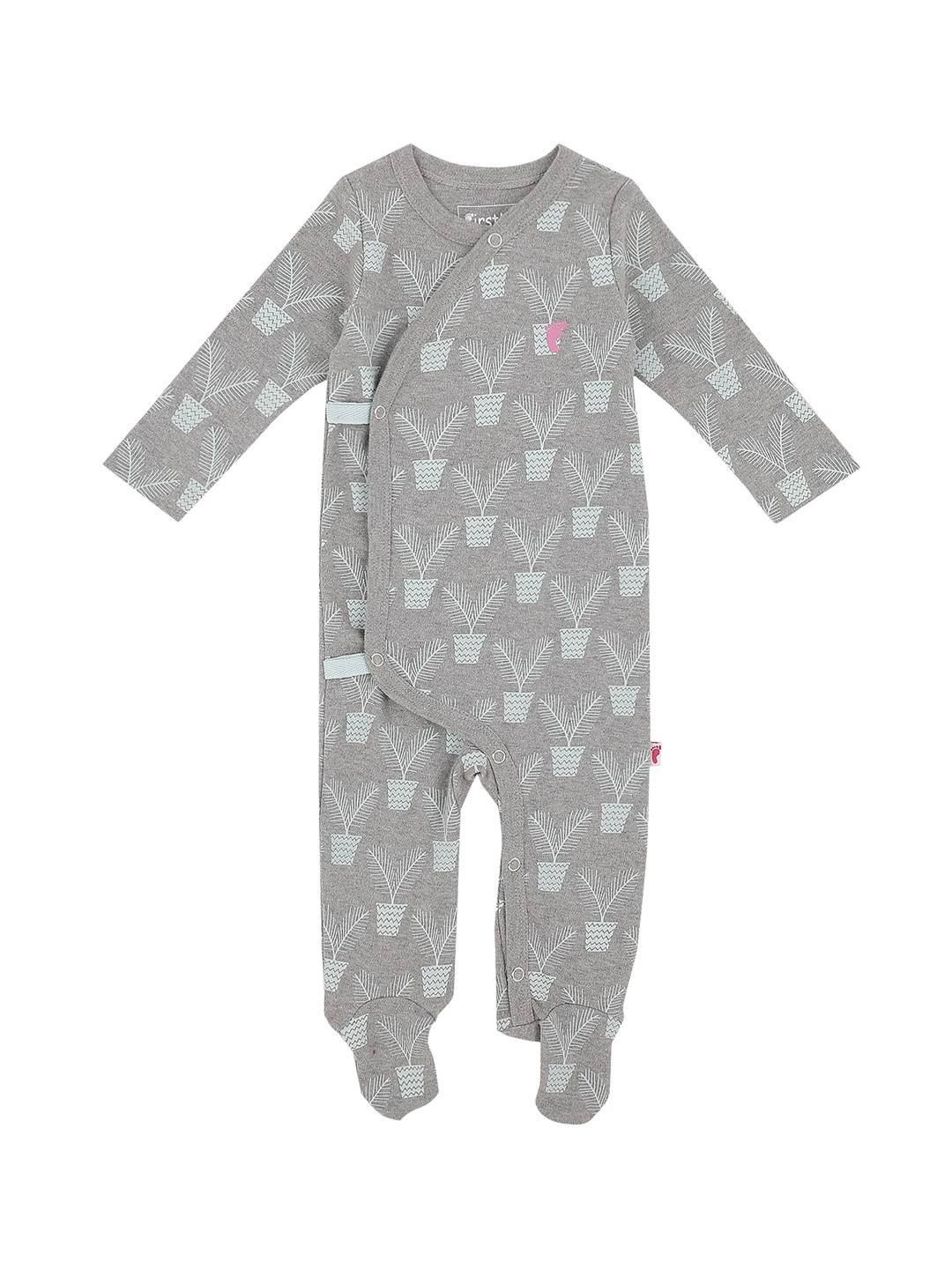 

First Kick Infants Unisex Grey & Blue Printed Long Sleeves Cotton Rompers