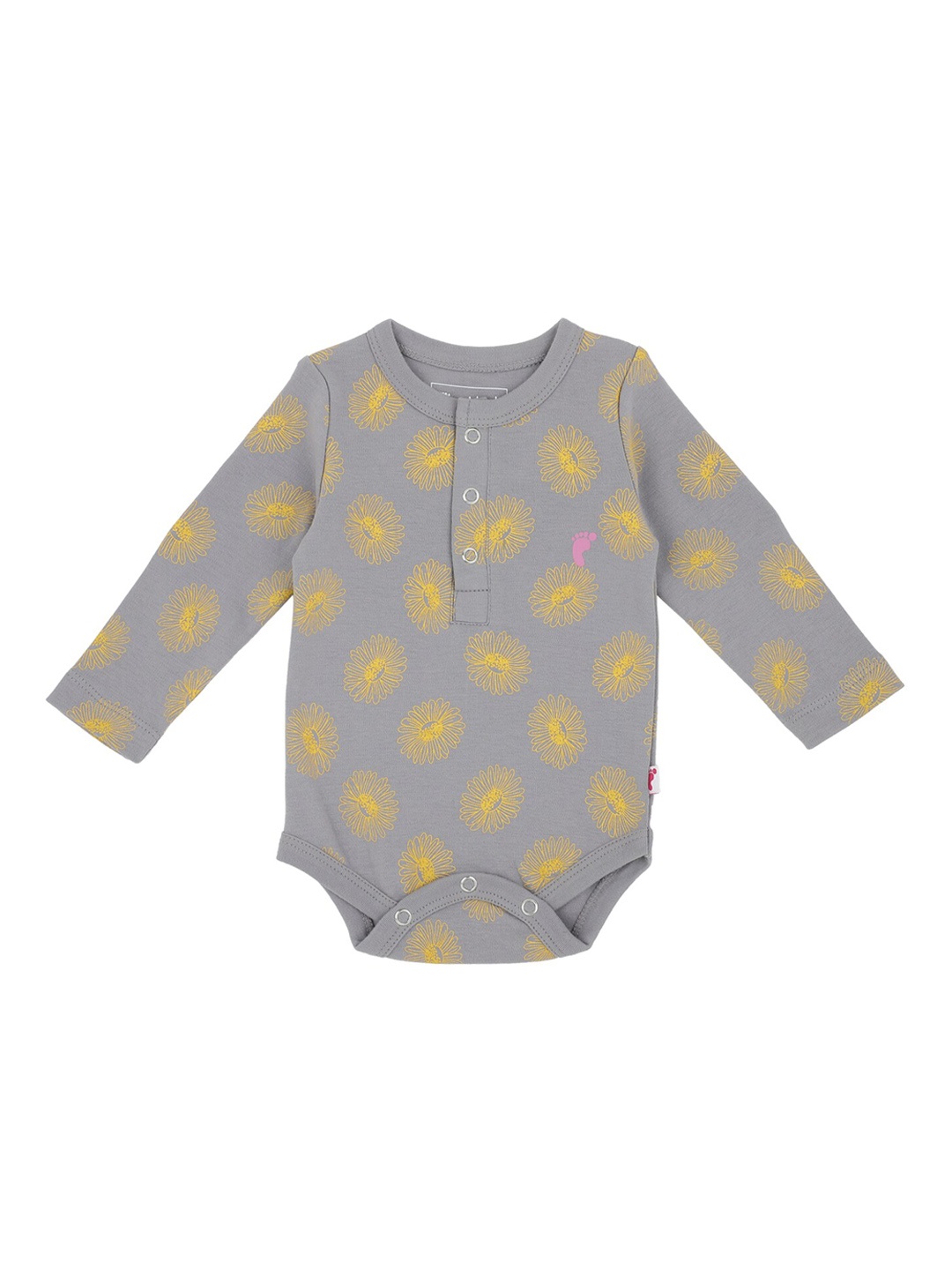 

First Kick Infant Kids Grey & Yellow Printed Pure Organic Cotton Bodysuit