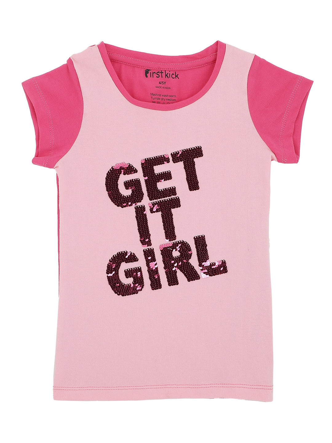 

First Kick Girls Magenta & Pink Typography Printed Embellished Extended Sleeves T-shirt