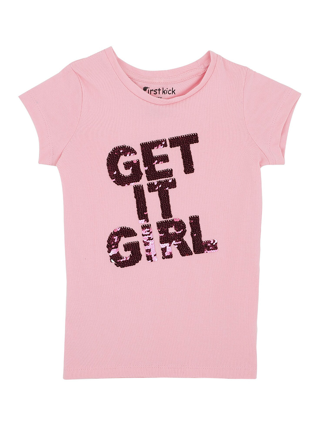 

First Kick Girls Pink-Coloured Typography Printed Embellished T-shirt