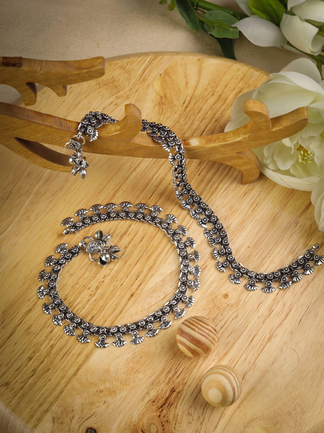 

Priyaasi Set Of 2 Oxidised Silver-Plated Handcrafted Anklets