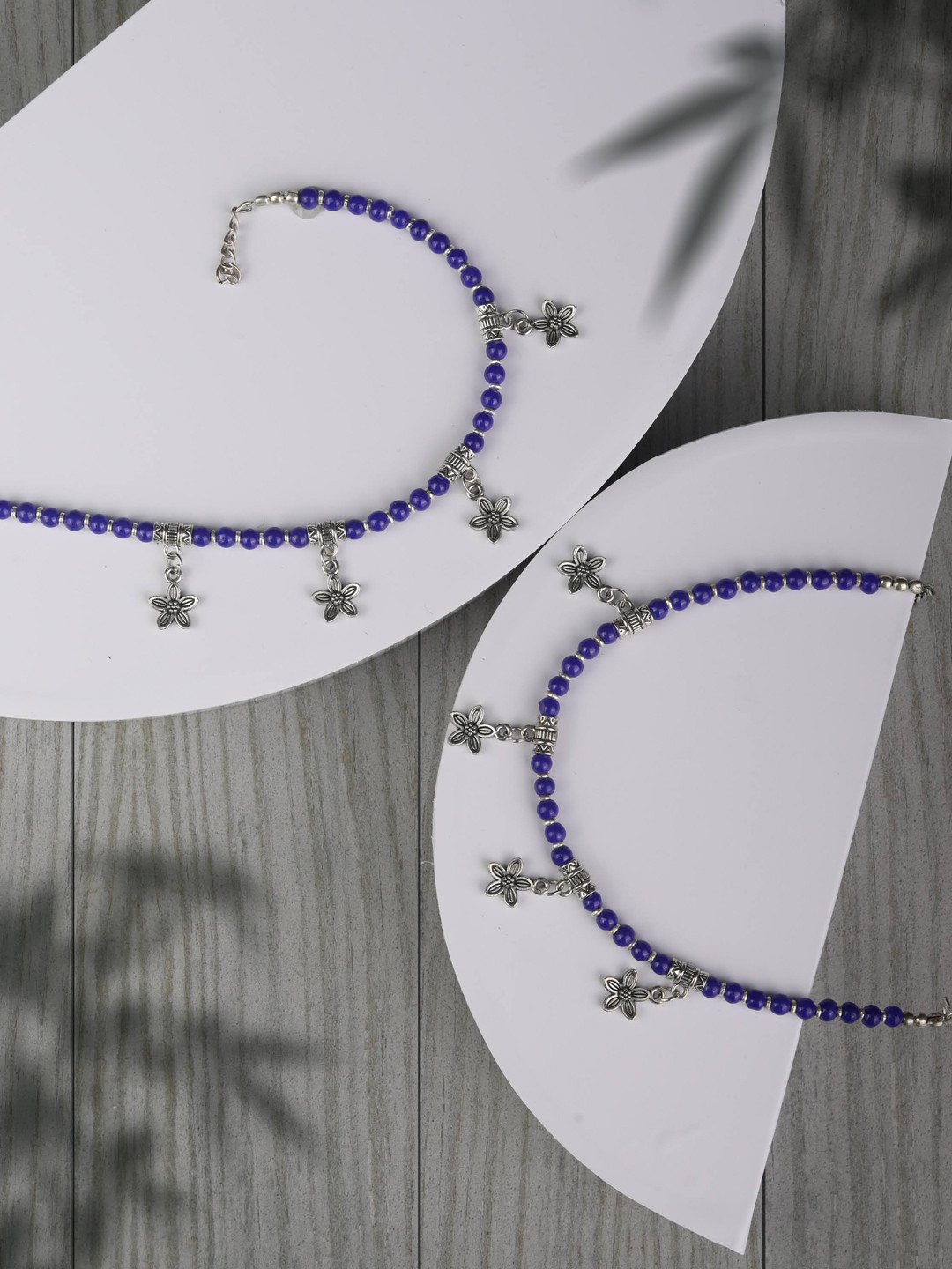 

Priyaasi Set Of 2 Silver-Plated & Blue Beaded Oxidised Anklets