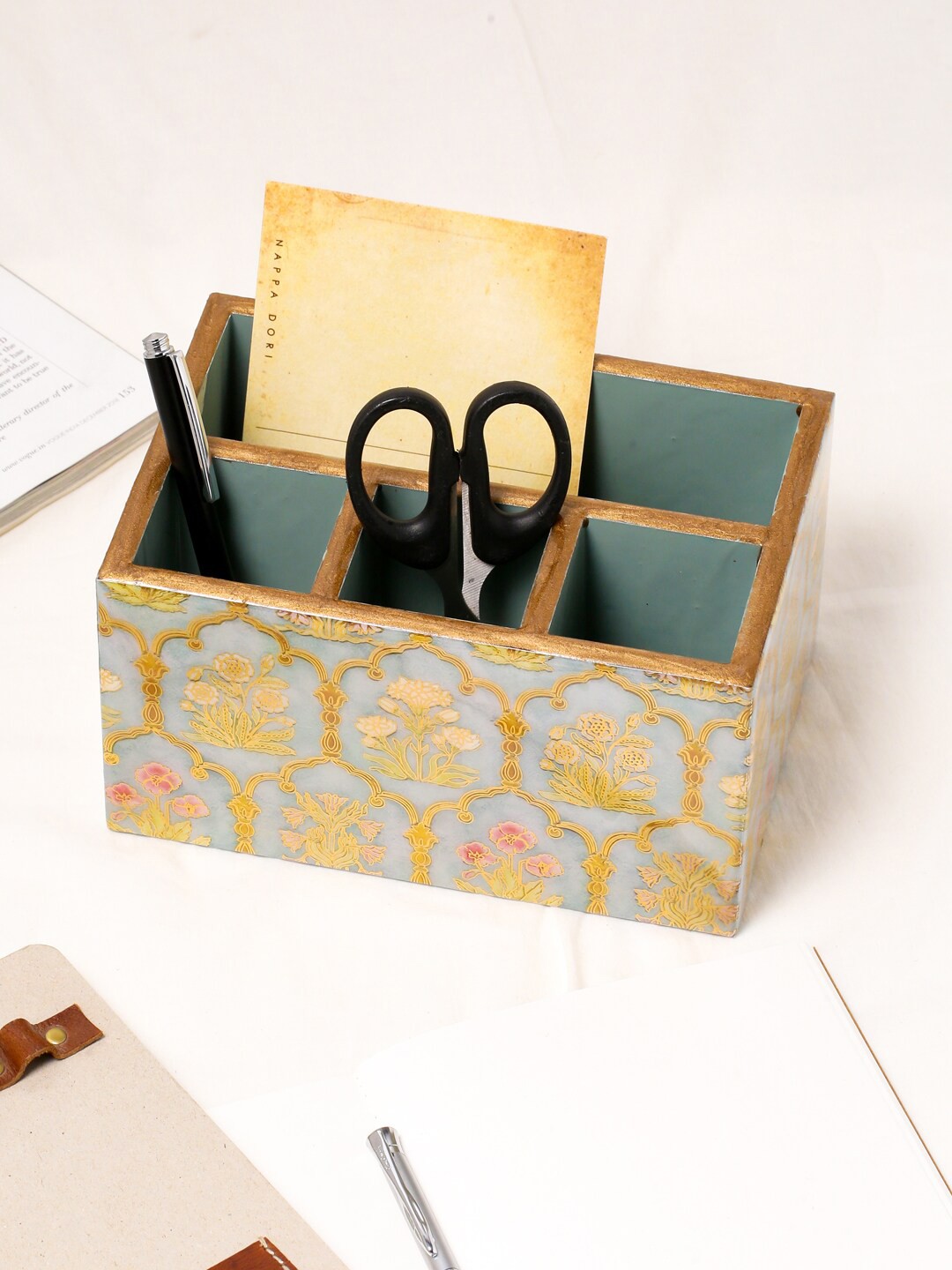

Tistabene Grey & Gold-Toned Printed Wooden Organizer