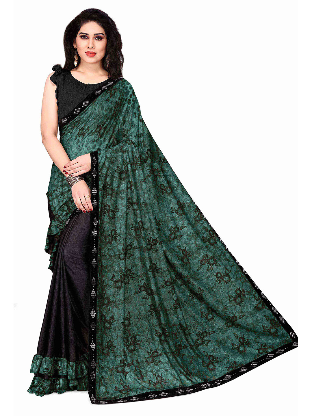 

KALINI Teal & Black Floral Beads and Stones Half and Half Saree