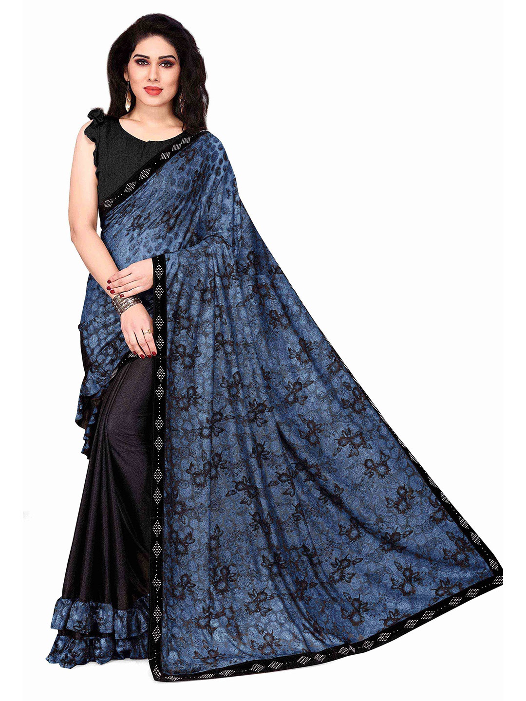 

KALINI Blue & Black Floral Beads and Stones Half and Half Saree