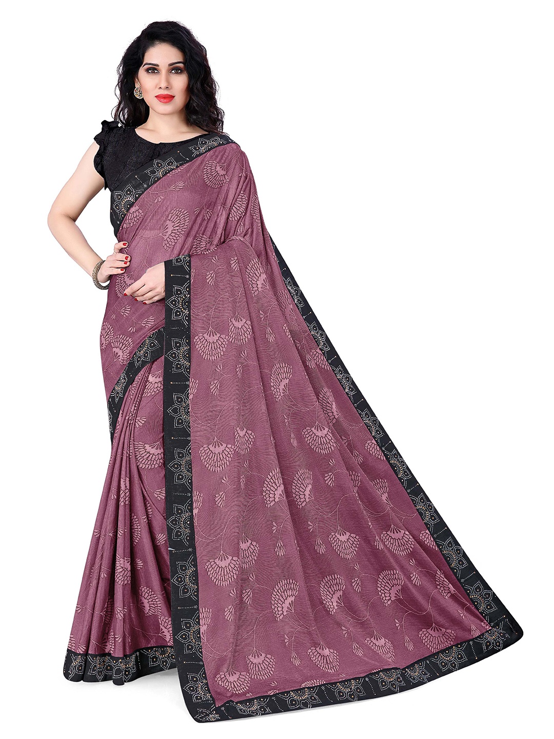 

KALINI Pink & Black Floral Beads and Stones Saree
