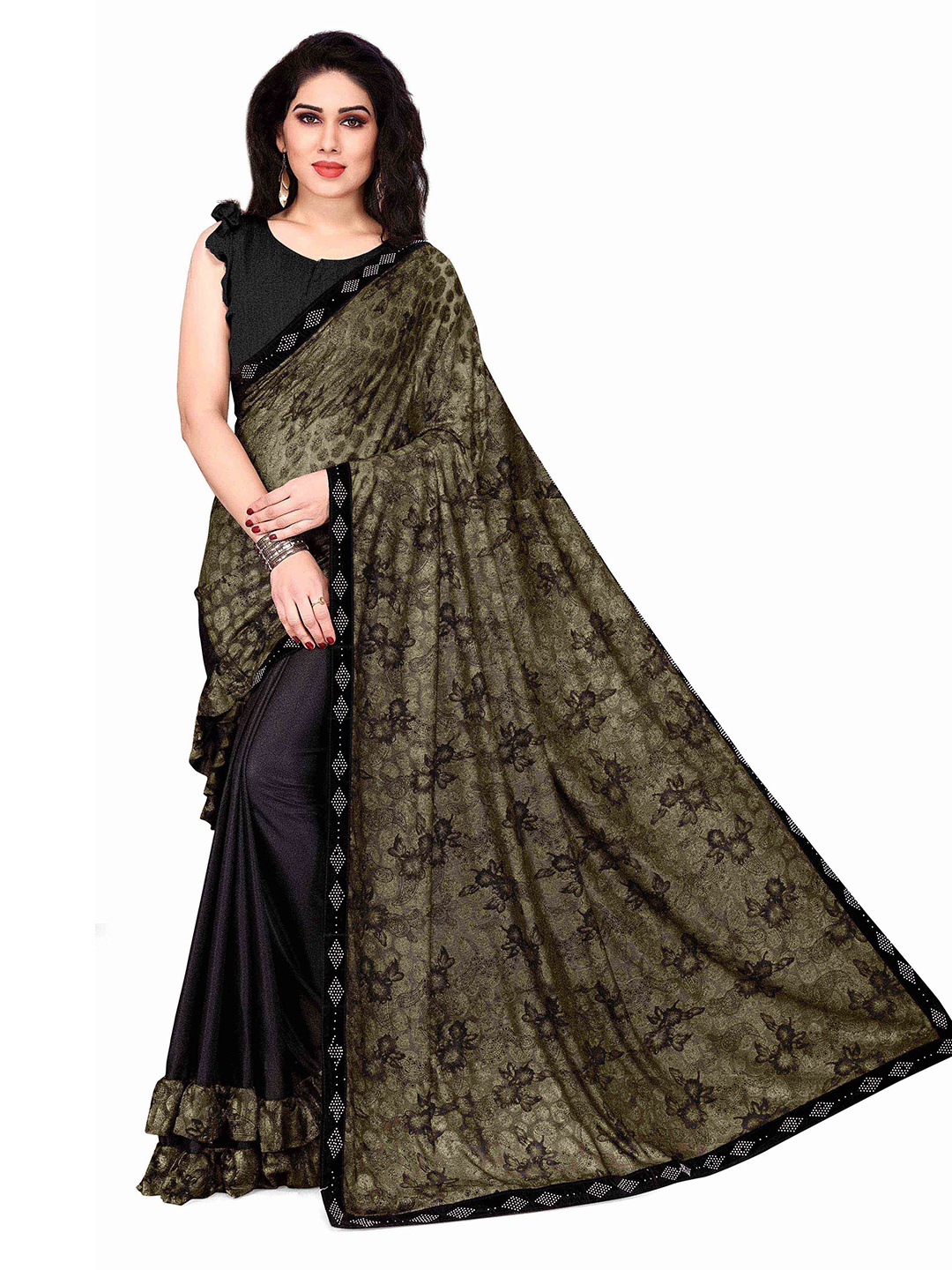 

KALINI Green & Black Ethnic Motifs Beads and Stones Half and Half Saree
