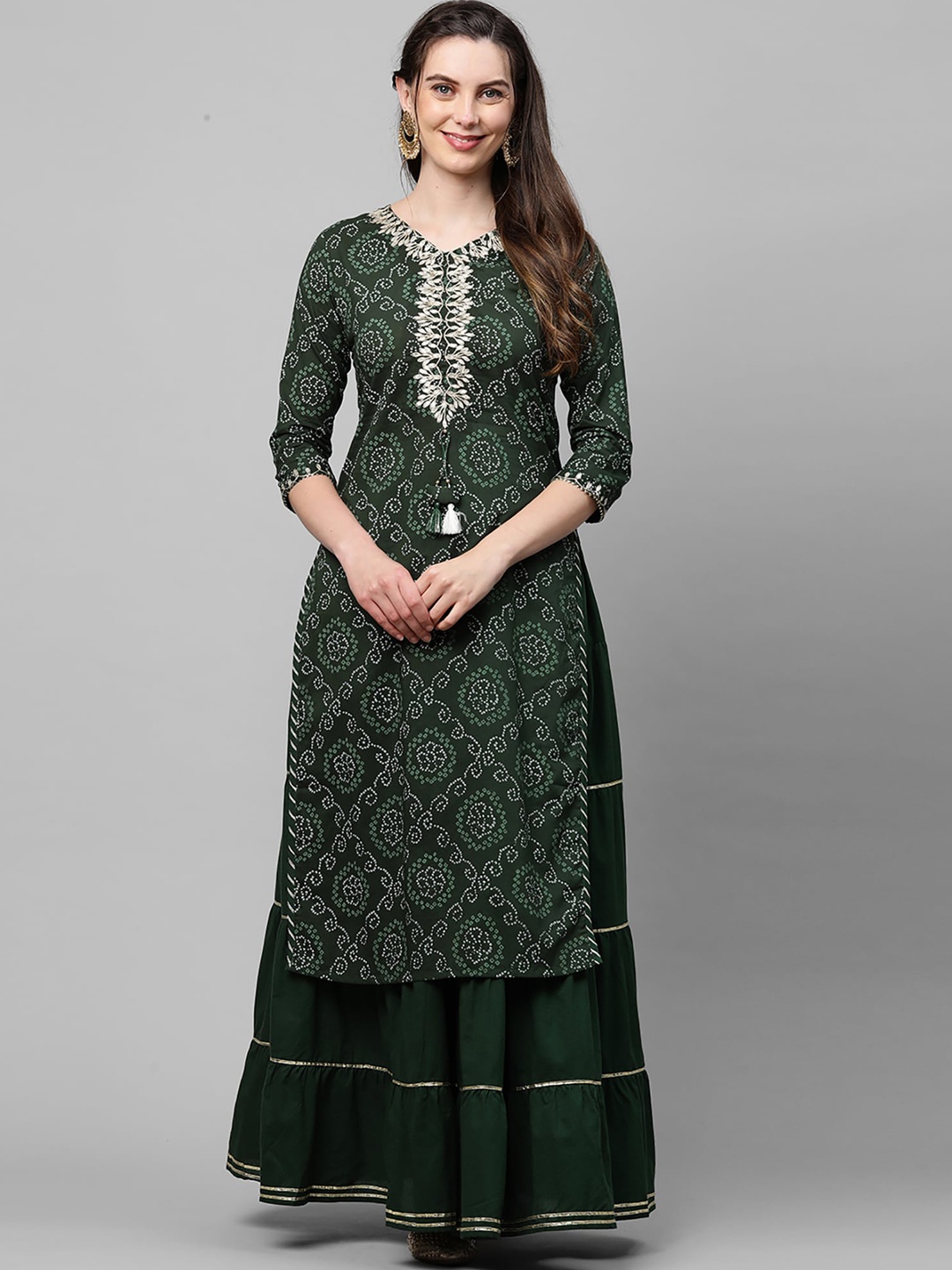 

Indo Era Women Green Ethnic Motifs Printed Pure Cotton Kurti with Sharara