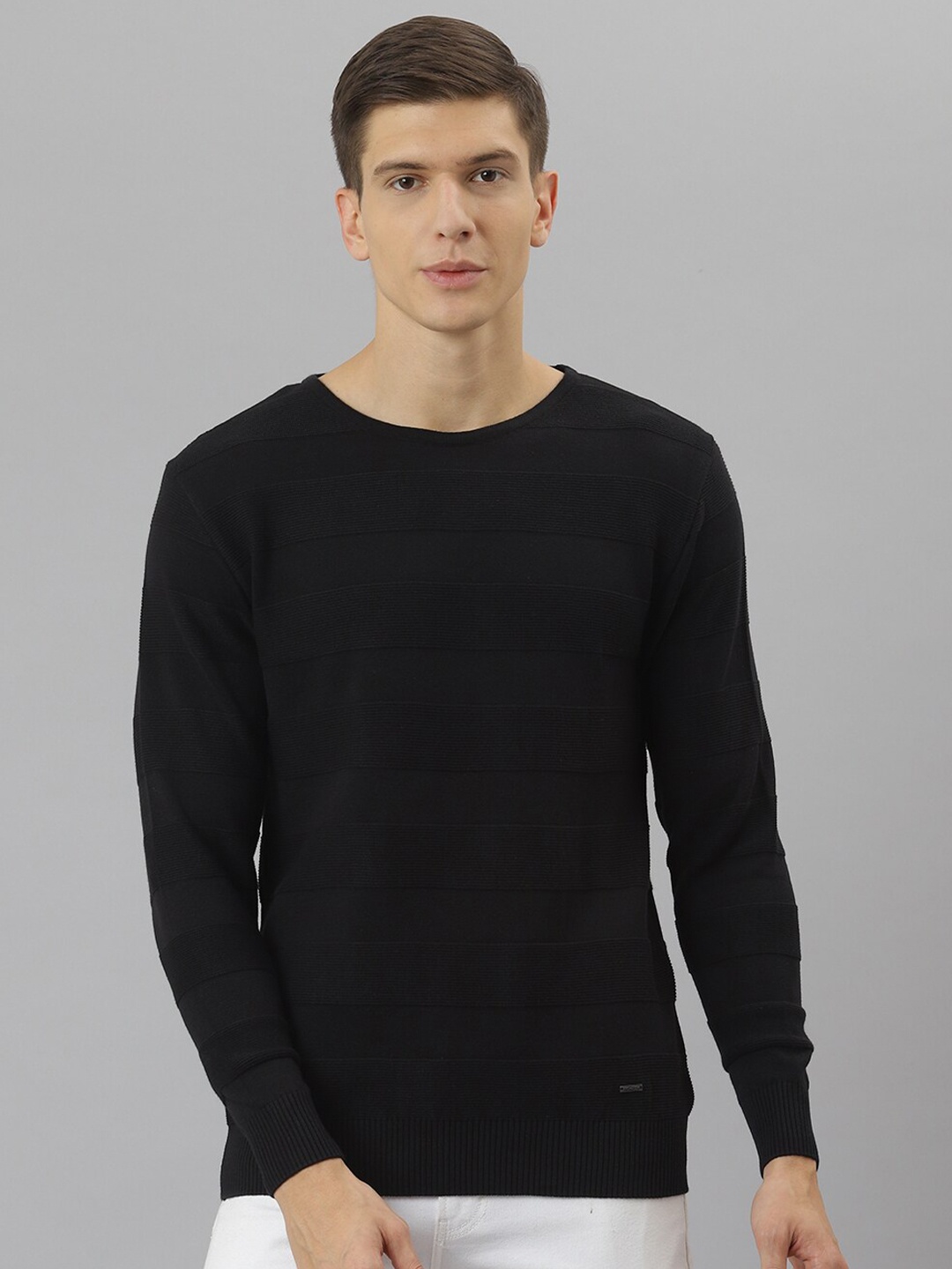 

Richlook Men Black Striped Pullover