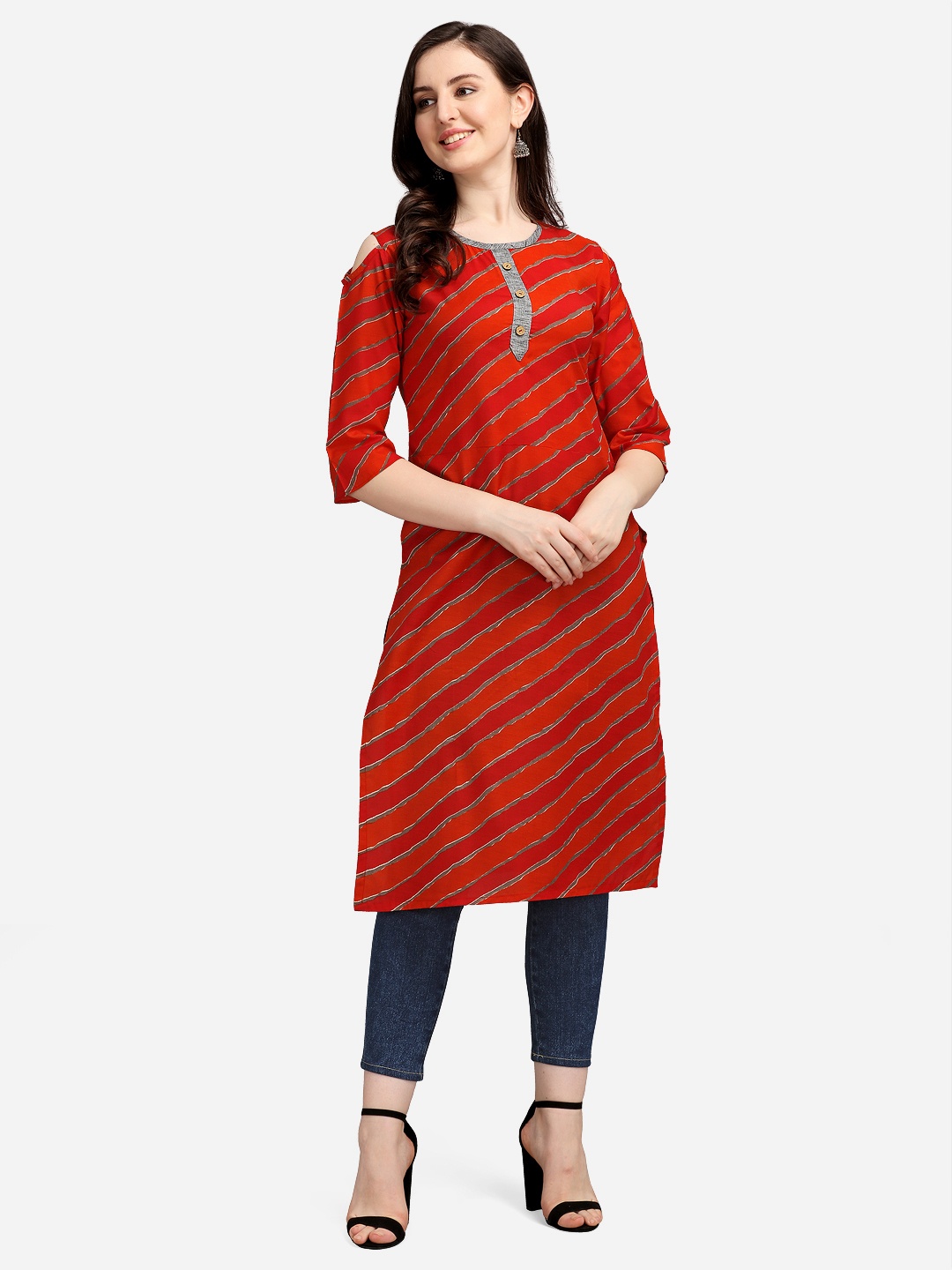 

Youthnic Women Orange & Red Striped Cotton Straight Kurta