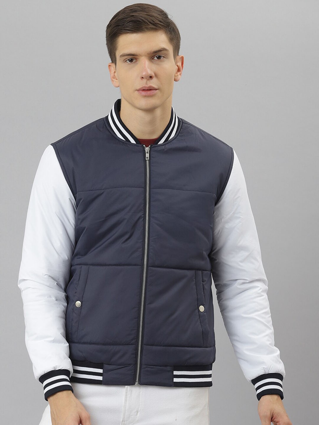 

Richlook Men Navy Blue Grey Colourblocked Lightweight Bomber Jacket