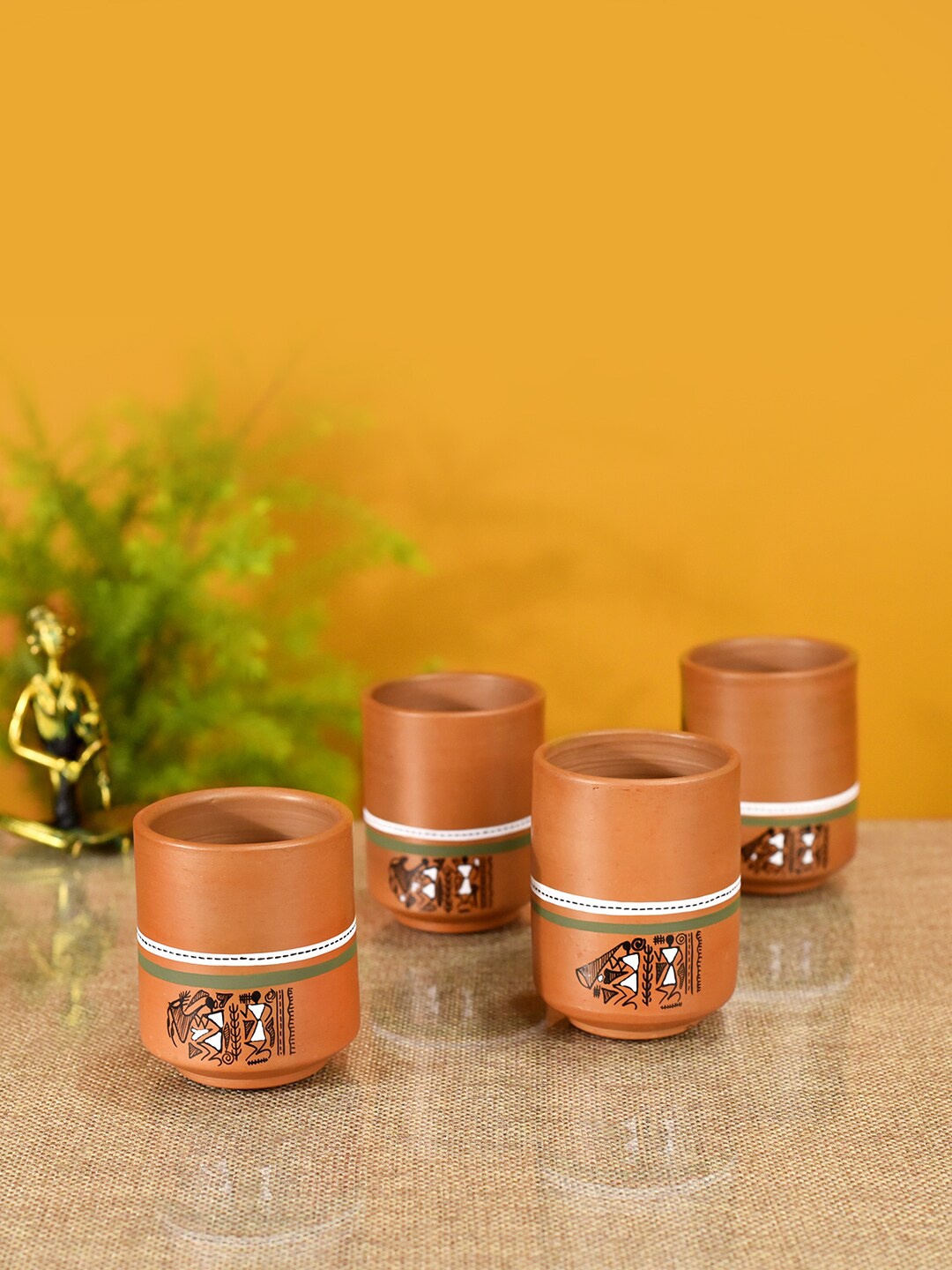 

AAKRITI ART CREATIONS Beige & Brown Printed Earthen Clay Matte Mugs Set Of 4 Cups and Mugs