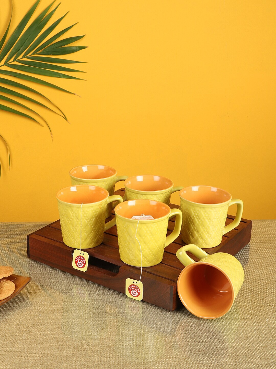 

AAKRITI ART CREATIONS Yellow Textured Ceramic Glossy Cups Set Of 6 Cups and Mugs