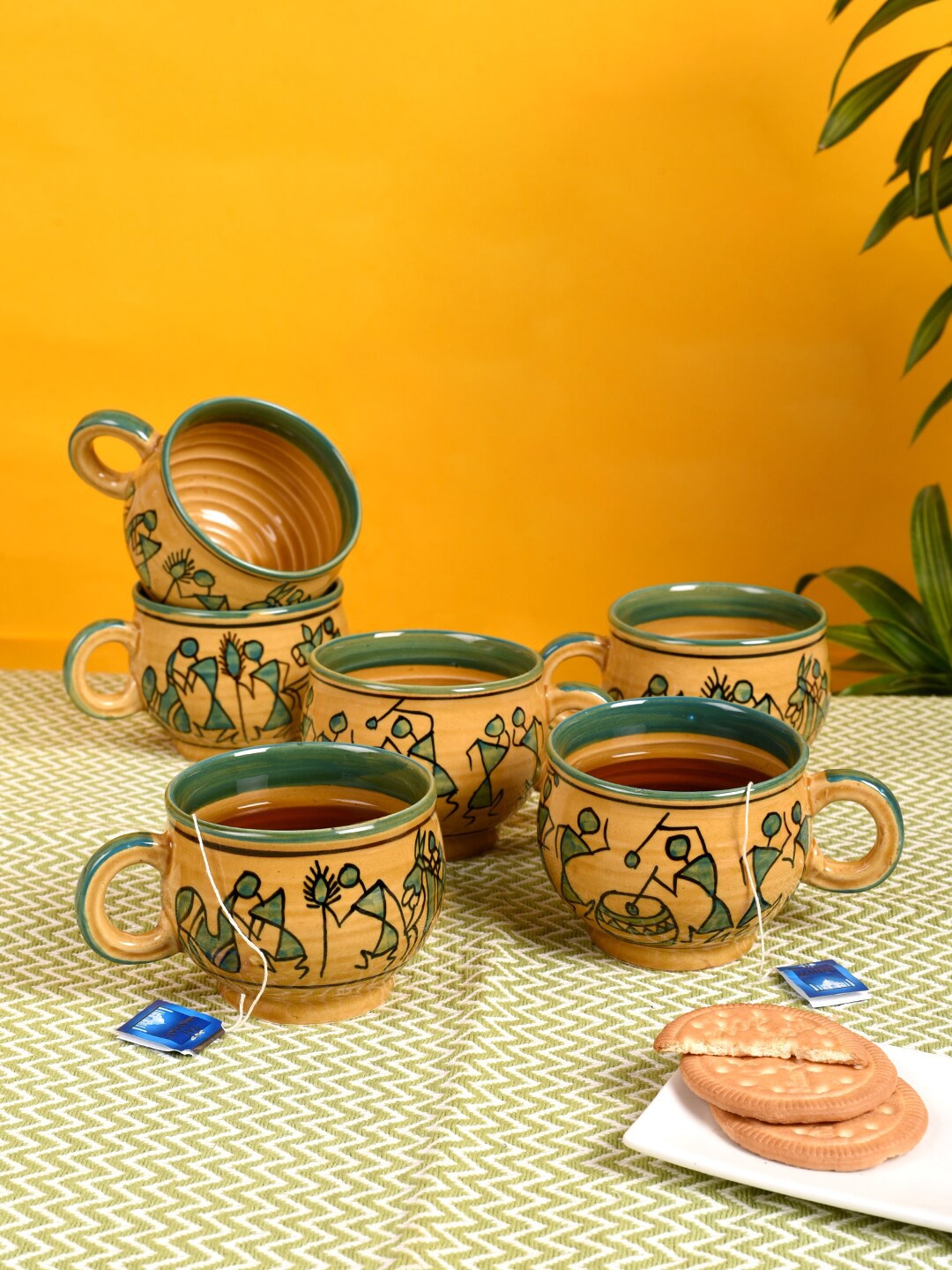 

AAKRITI ART CREATIONS Yellow & Green Printed Ceramic Glossy Cups Set Of 6 Cups and Mugs