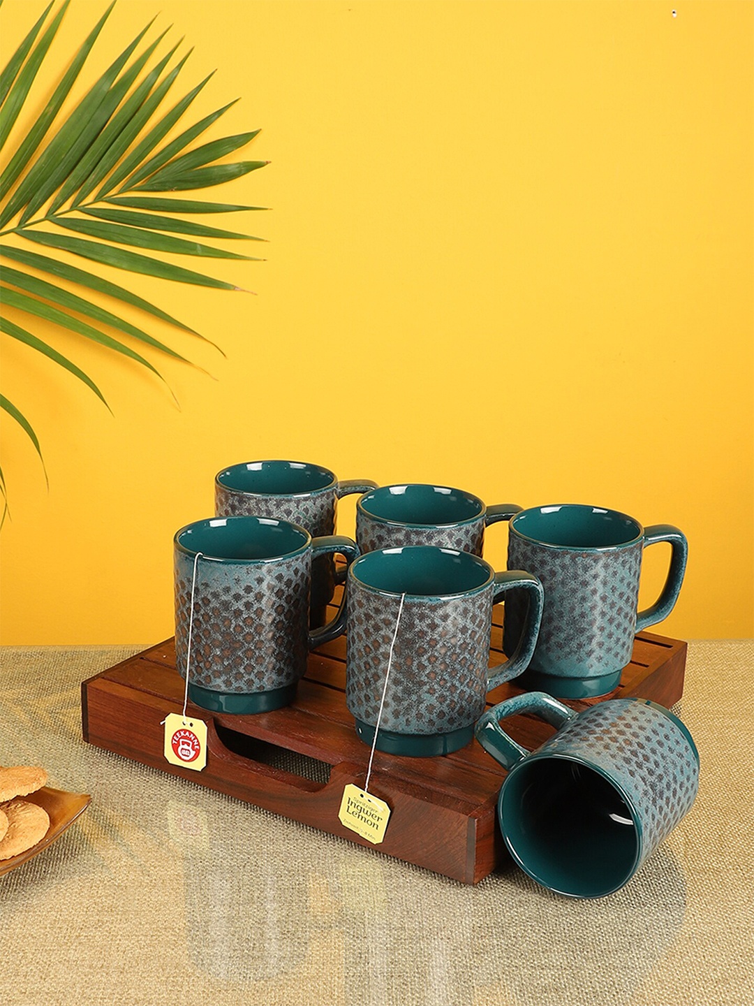 

AAKRITI ART CREATIONS Set Of 6 Green & Brown Printed Emerald Ceramic Glossy Tea Cups