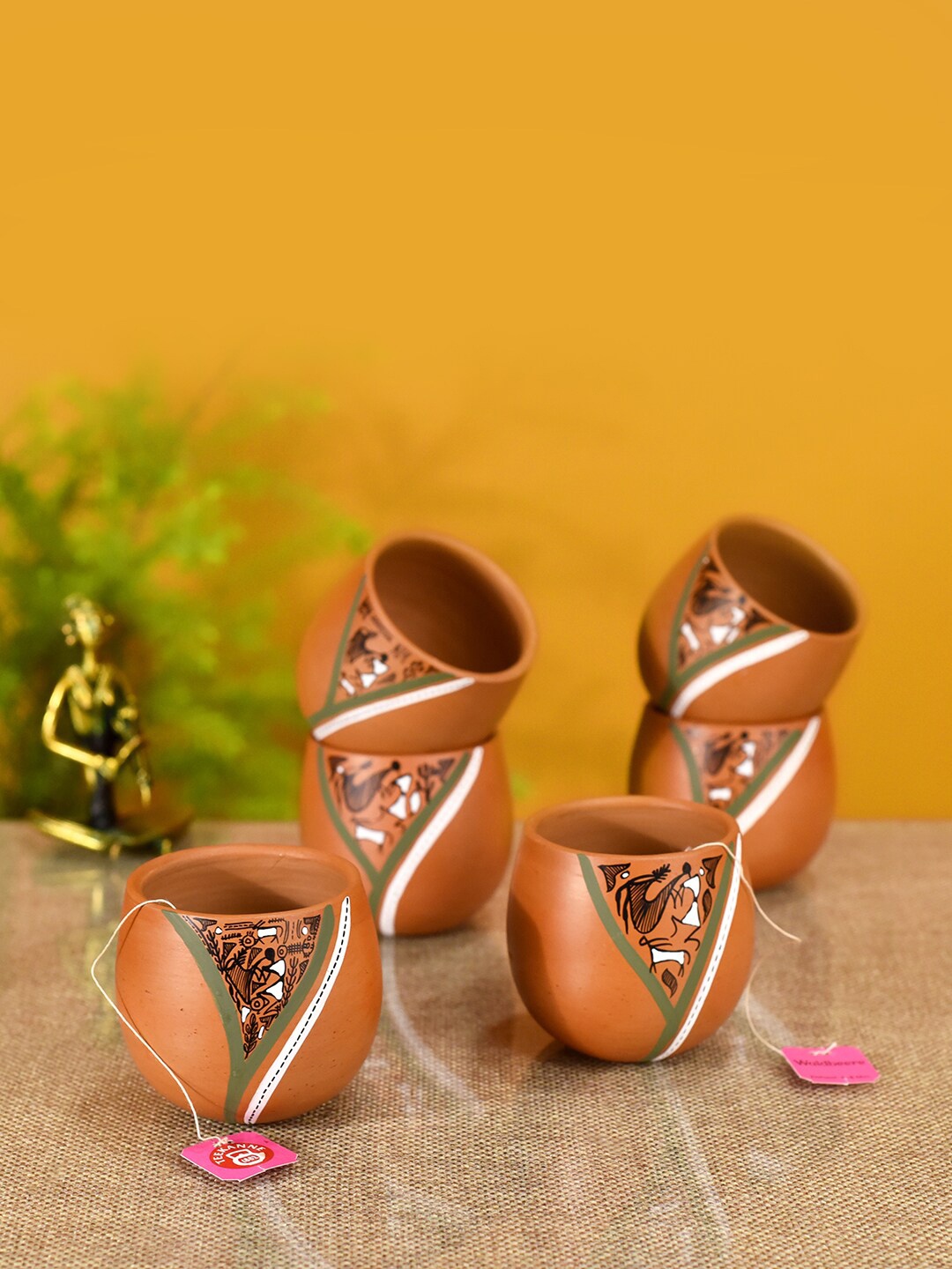 

AAKRITI ART CREATIONS Set of 6 Brown & Green Hand Painted Earthen Clay Matte Kulladhs