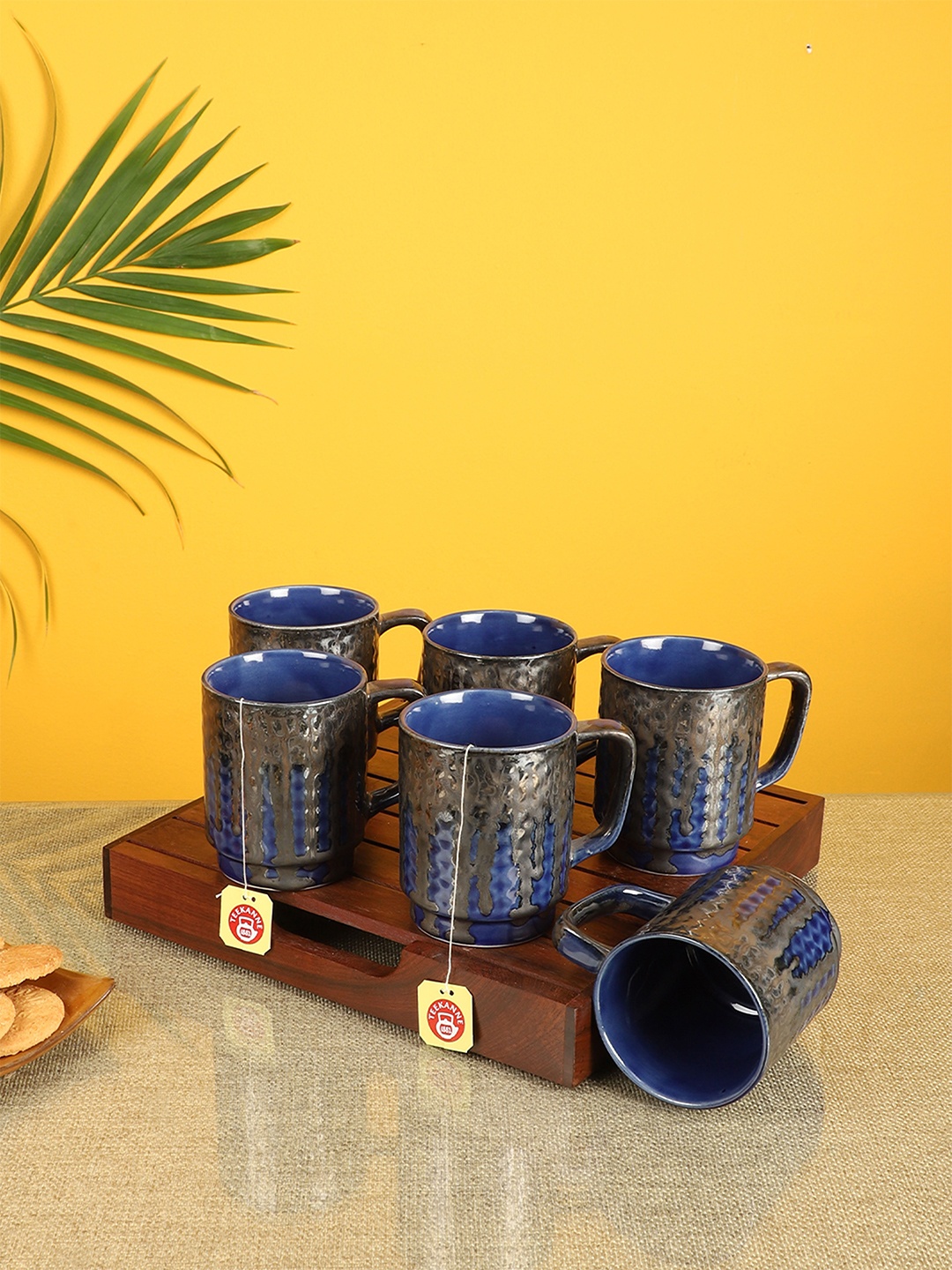 

AAKRITI ART CREATIONS Blue & Grey Textured Ceramic Glossy Cups Set of 6 Cups and Mugs