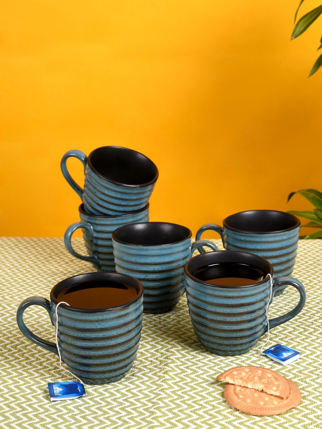 

AAKRITI ART CREATIONS Set of 6 Blue Printed Ceramic Matte Cups