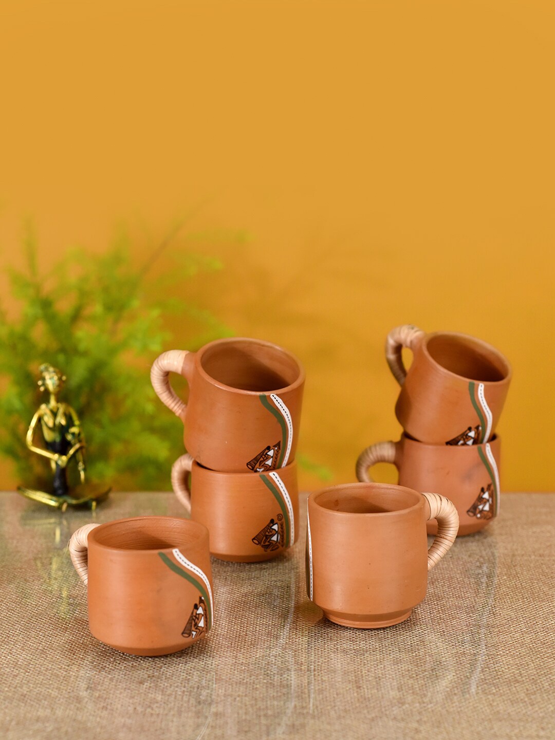 

AAKRITI ART CREATIONS Brown & White Set of 6 Printed Terracotta Earthen Matte Cups