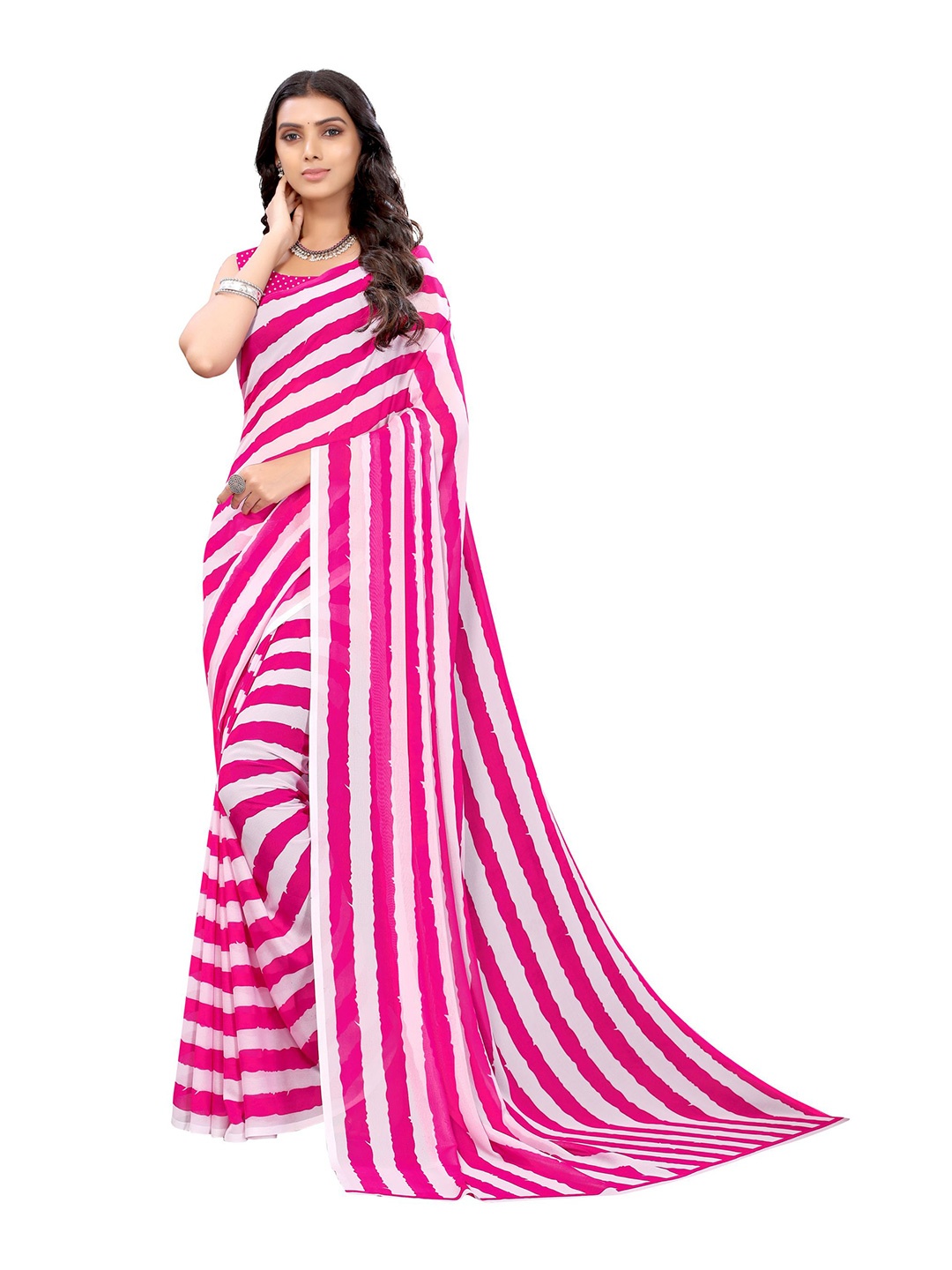 

KALINI Pink & White Leheriya Saree