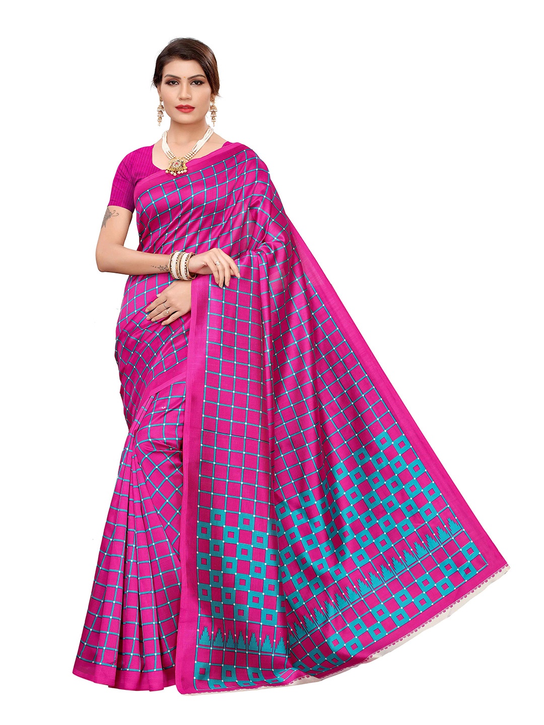 

MOKSHA DESIGNS Pink & Blue Woven Design Pure Silk Kanjeevaram Saree