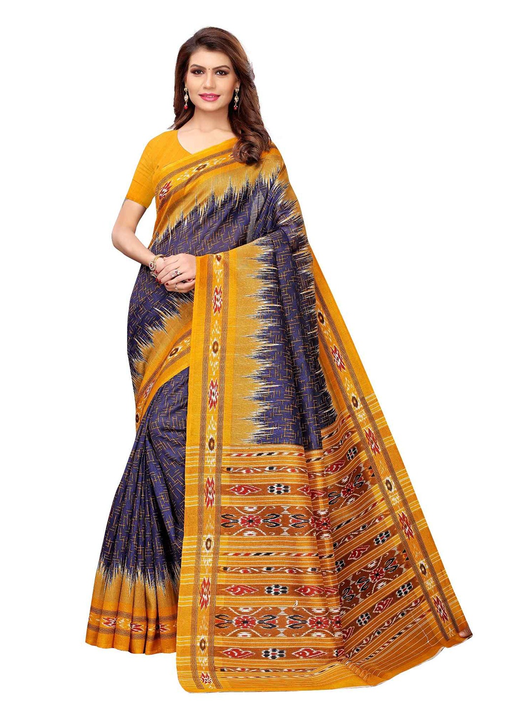 

MOKSHA DESIGNS Navy Blue & Yellow Pure Silk Kanjeevaram Saree