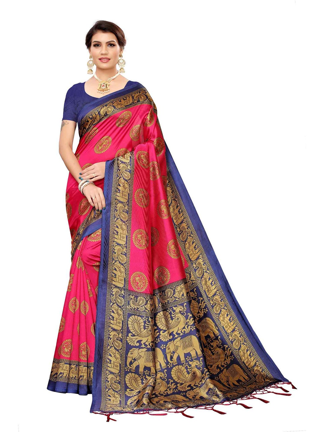 

MOKSHA DESIGNS Pink & Navy Blue Woven Design Pure Silk Banarasi Saree