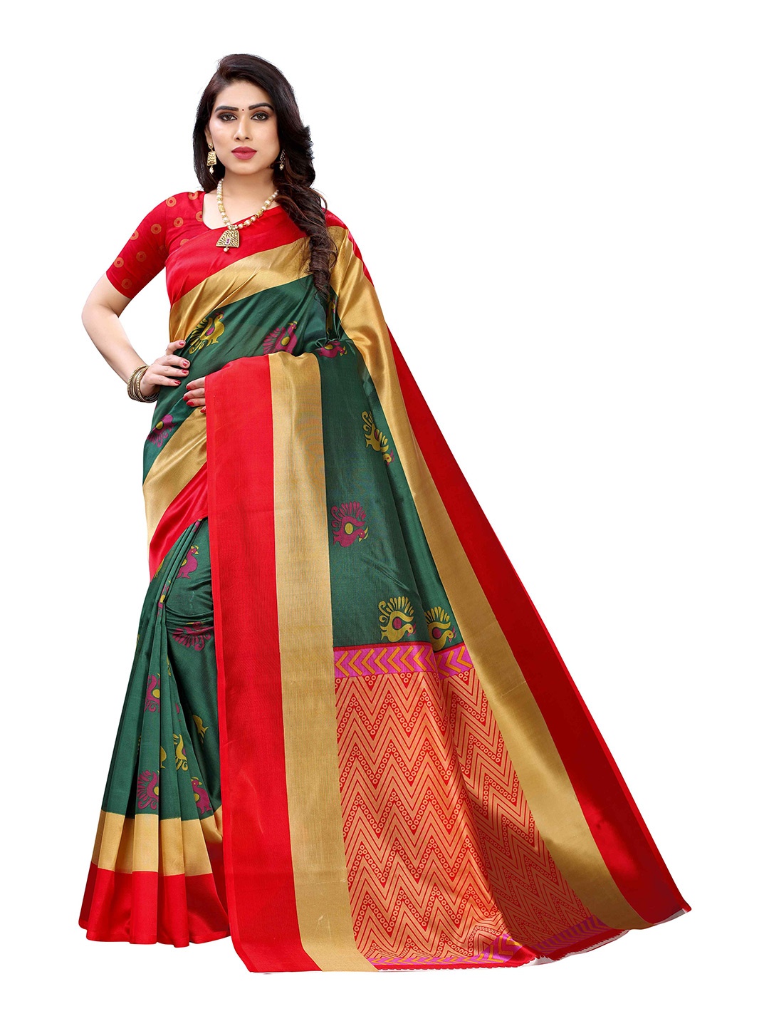 

MOKSHA DESIGNS Green & Red Woven Design Pure Silk Kanjeevaram Saree