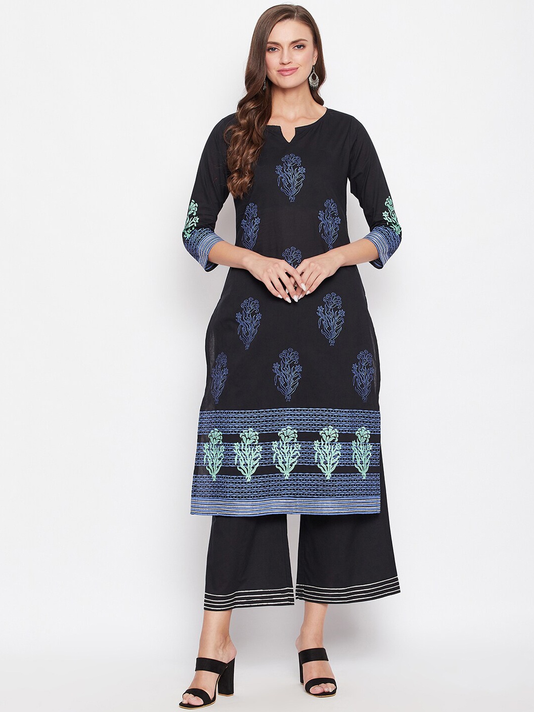 

Bitterlime Women Black Ethnic Motifs Printed Panelled Gotta Patti Pure Cotton Kurti with Palazzos