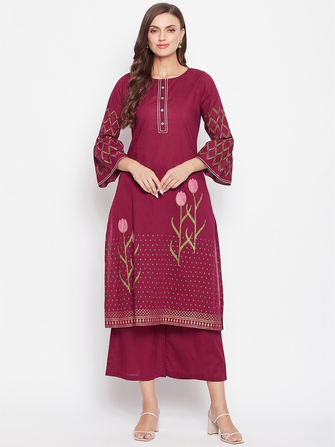 

Bitterlime Women Maroon Ethnic Motifs Printed Regular Gotta Patti Pure Cotton Kurti with Palazzos