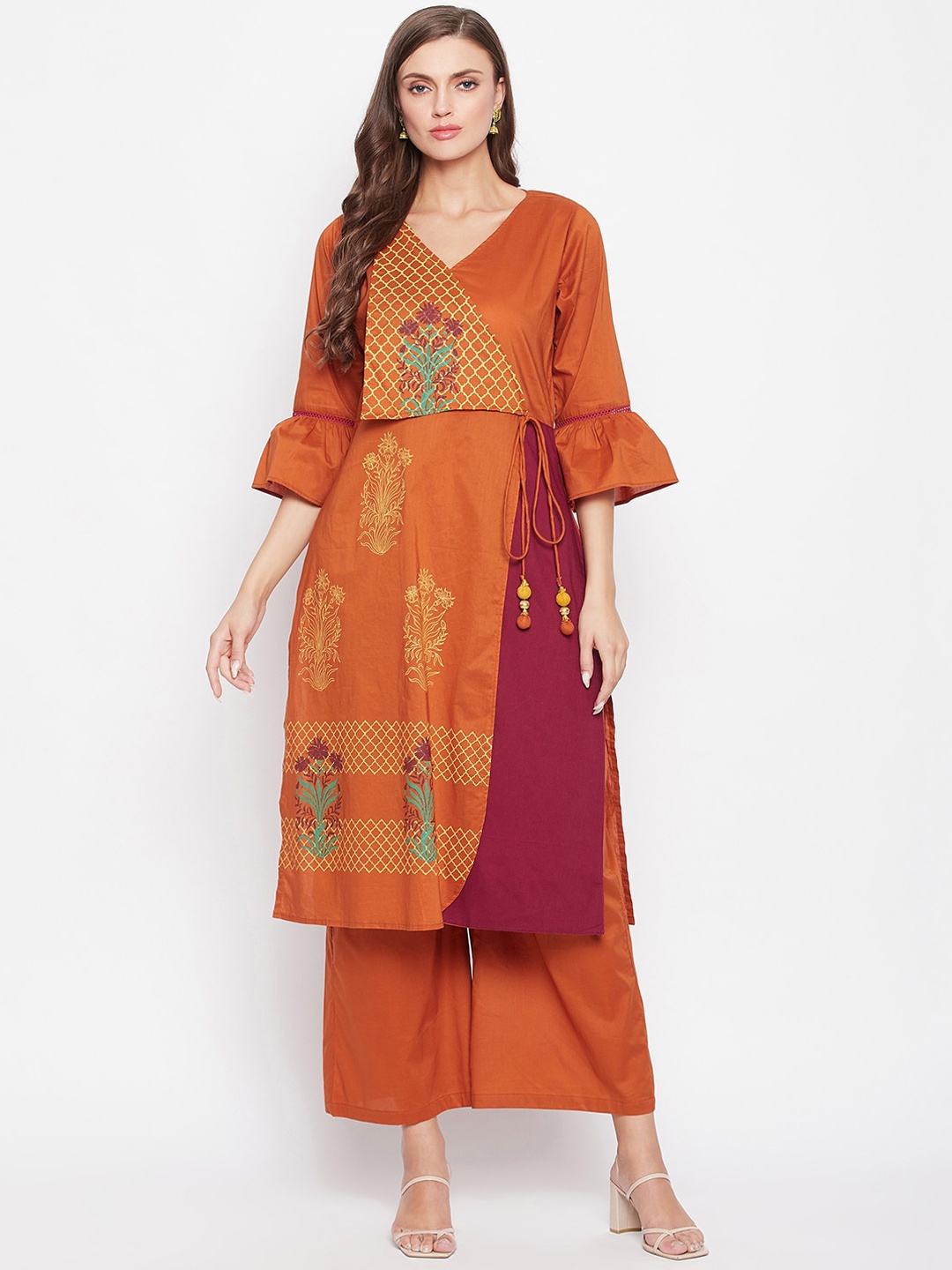 

Bitterlime Women Rust Ethnic Motifs Printed Angrakha Pure Cotton Kurta with Palazzos