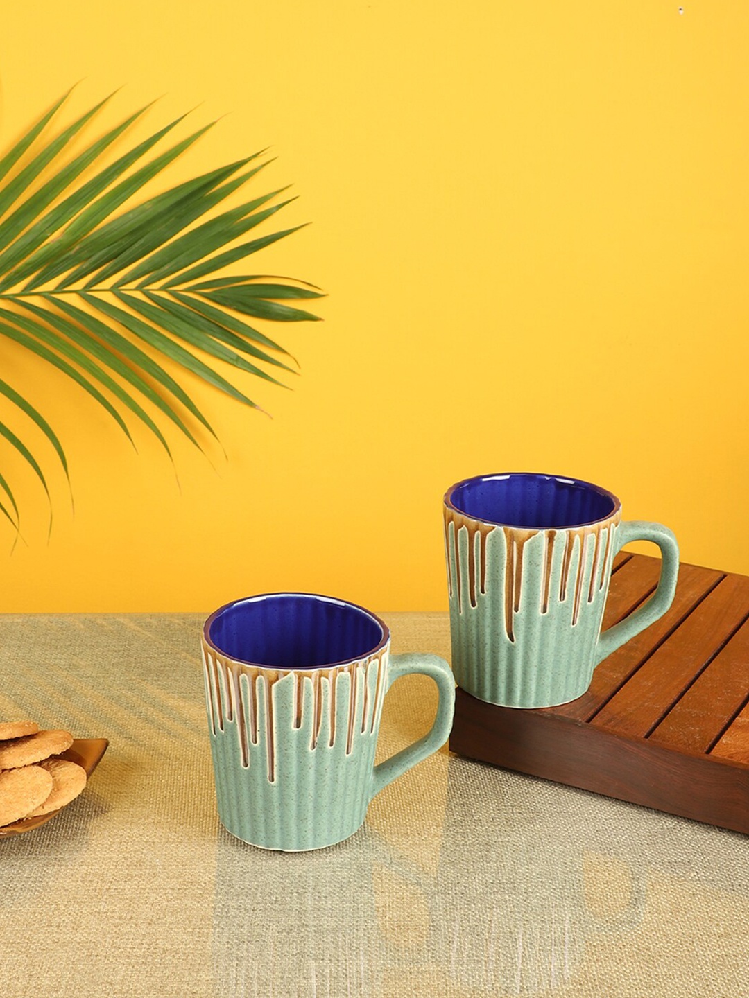 ART CREATIONS Turquoise Blue & Brown Printed Ceramic Matte Mugs Set of ...
