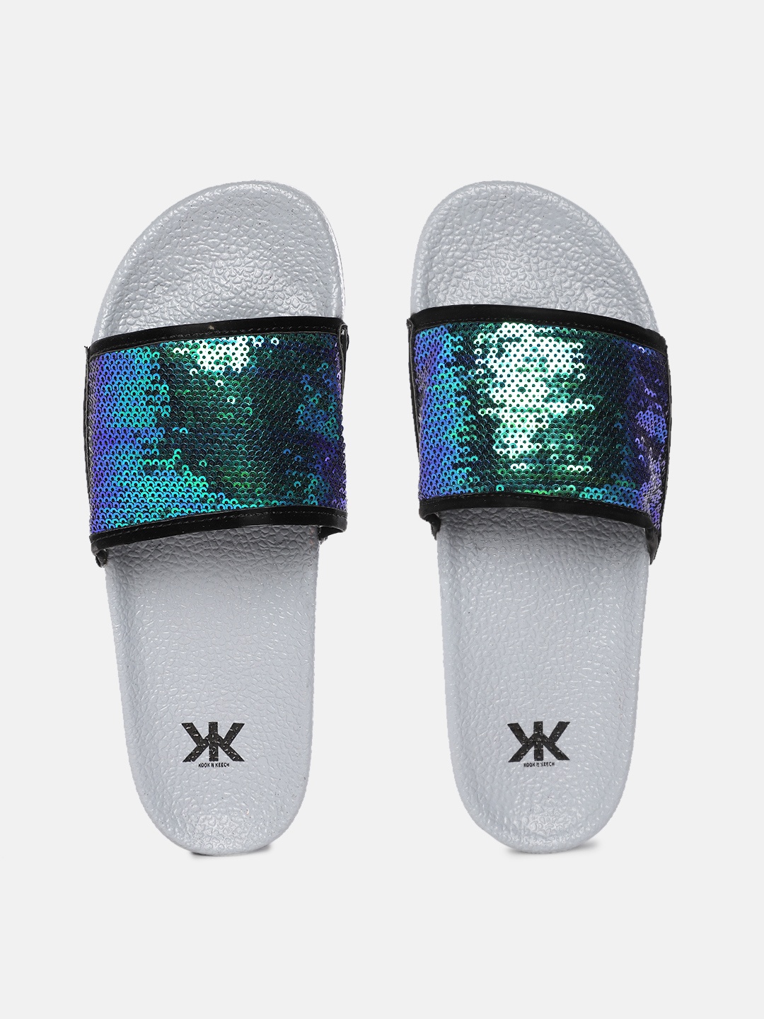 

Kook N Keech Women Green & Blue Sequinned Sliders with Iridescent Effect