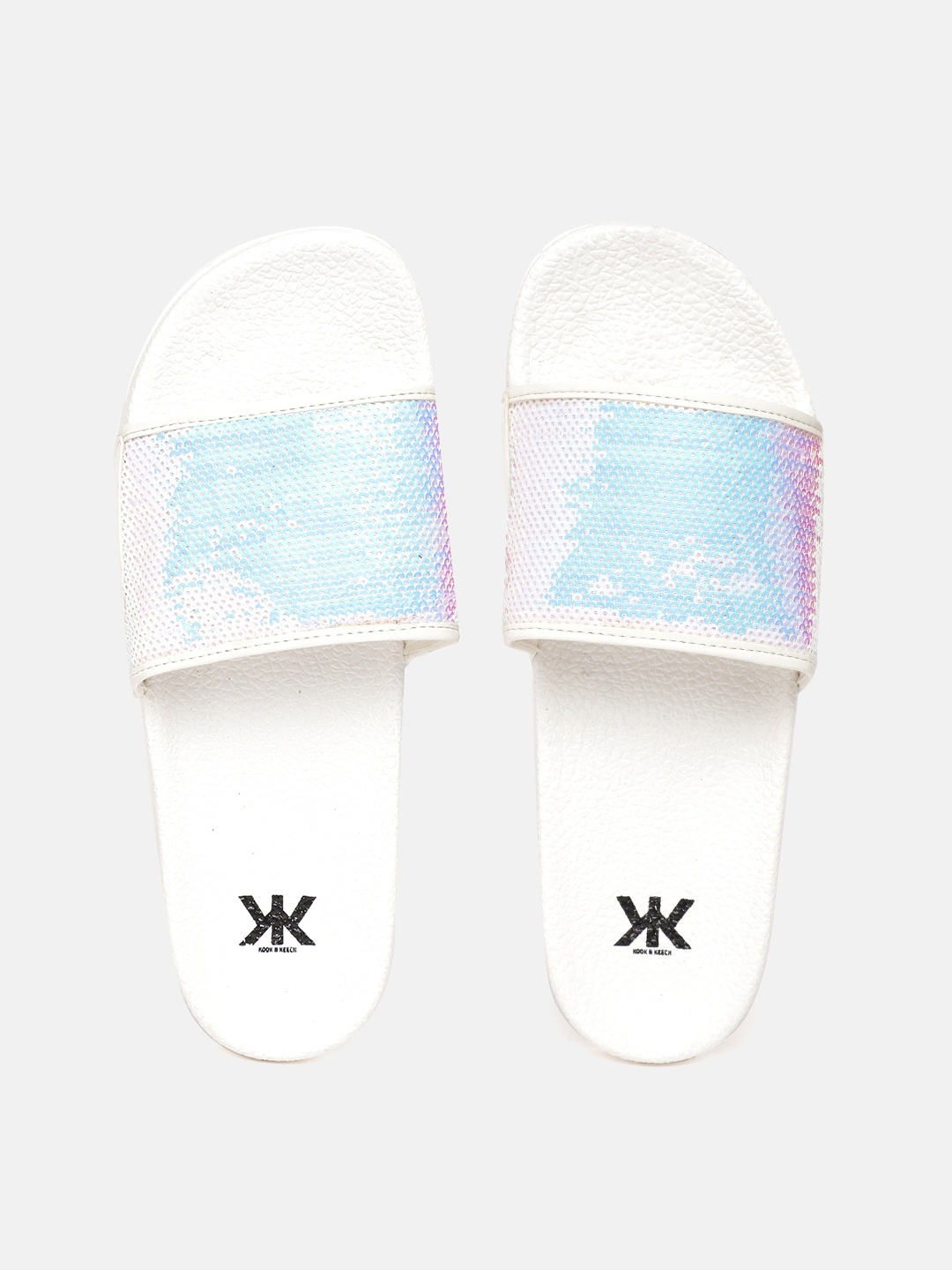 

Kook N Keech Women White Iridescent Sequinned Sliders
